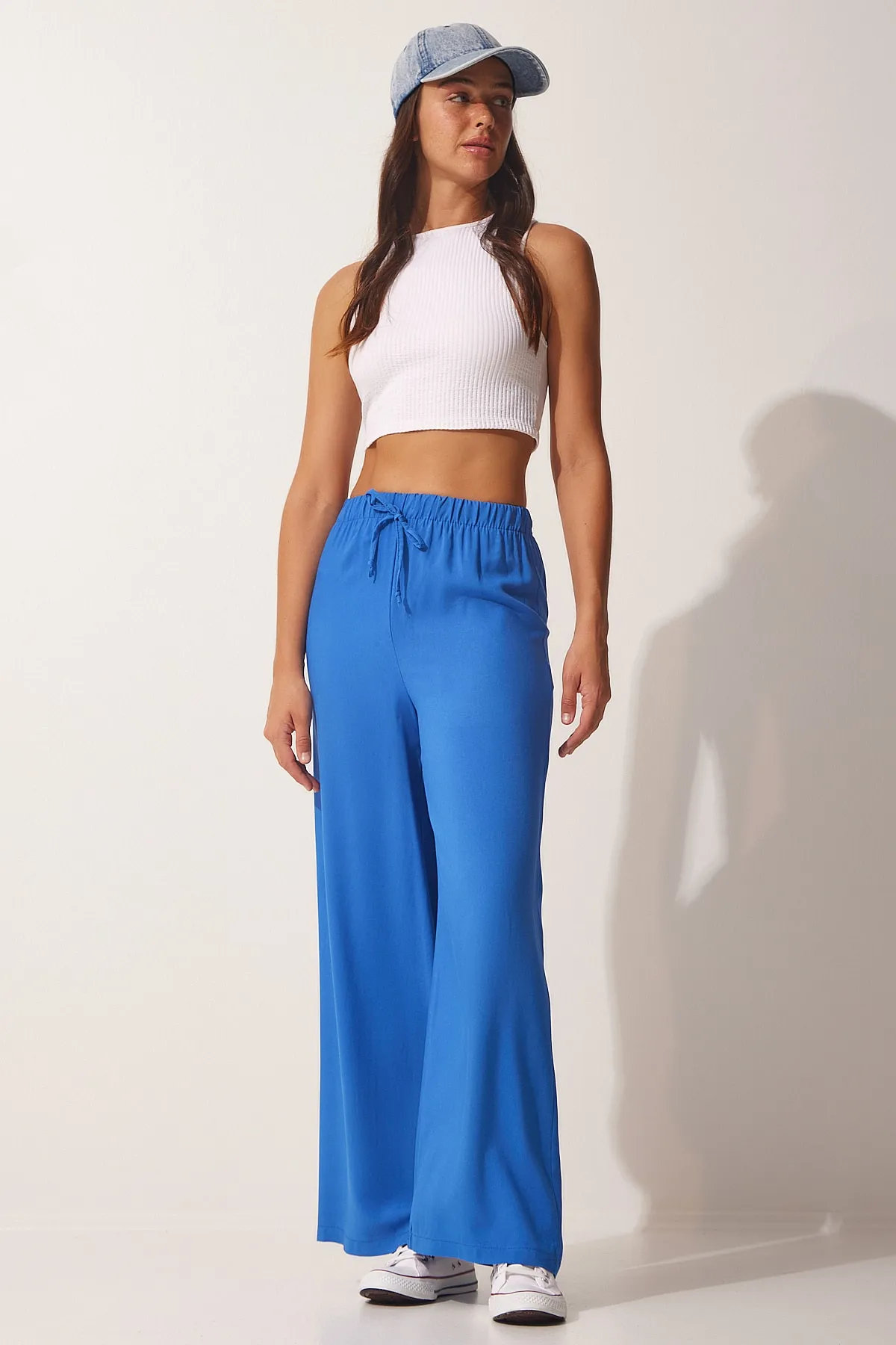 Happiness İstanbul  Blaue Damen-Palazzohose aus Baumwollviskose BV00076