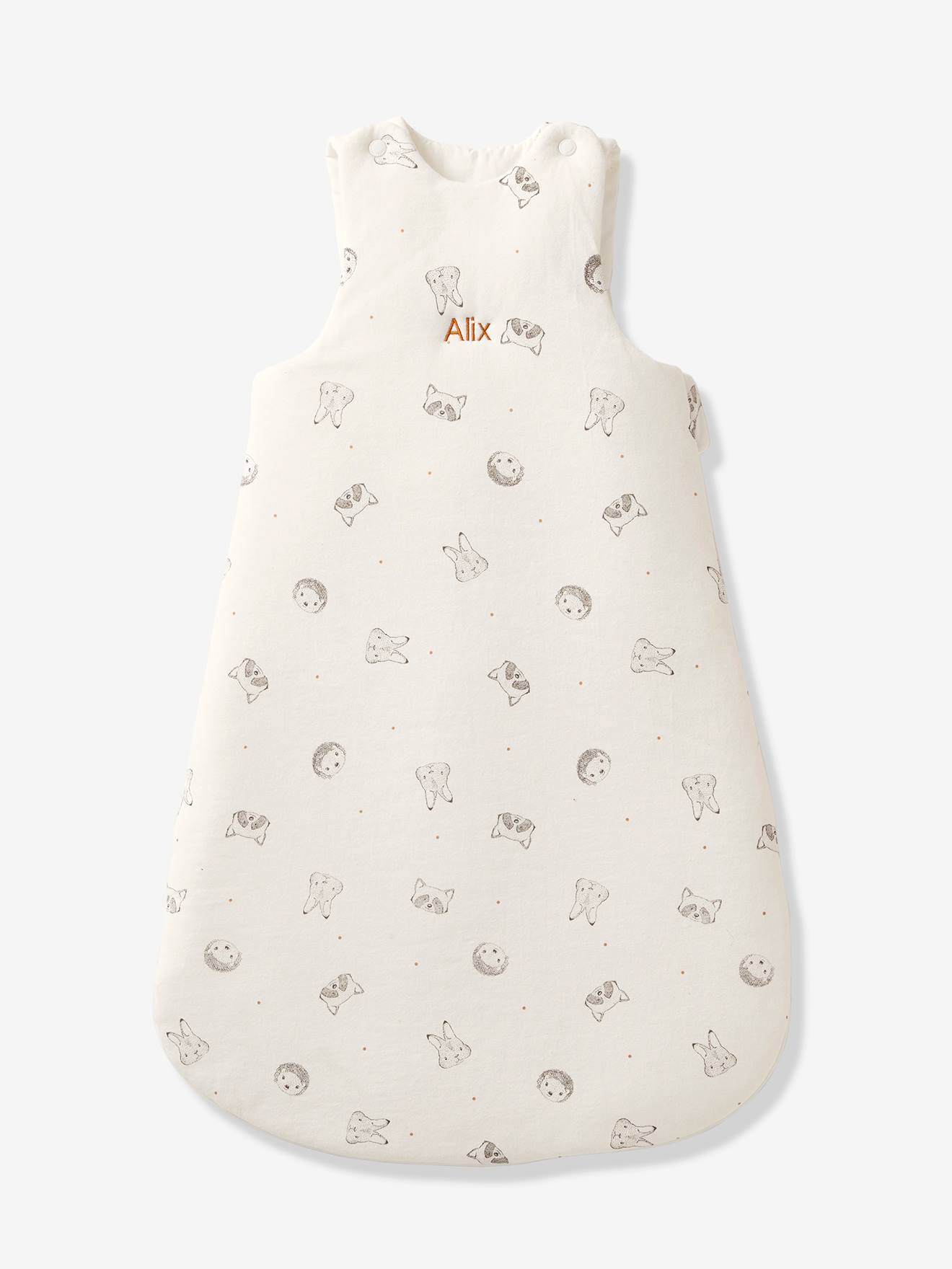 Vertbaudet Bio-Kollektion: Ärmelloser Baby Schlafsack KLEINE FREUNDE personalisierbar - wollweiß bedruckt