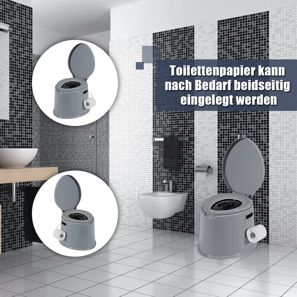 COSTWAY Campingtoilette, mit tragegriff und Toilettenpapierhalter, 41x49x34cm