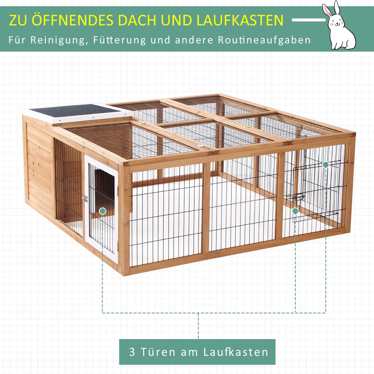 PawHut Kaninchenstall Hasenstall mit Freilaufgehege Kleintierstall Dach zum Öffnen wasserdicht multifunktional Tannenholz Natur 123x120x52 cm