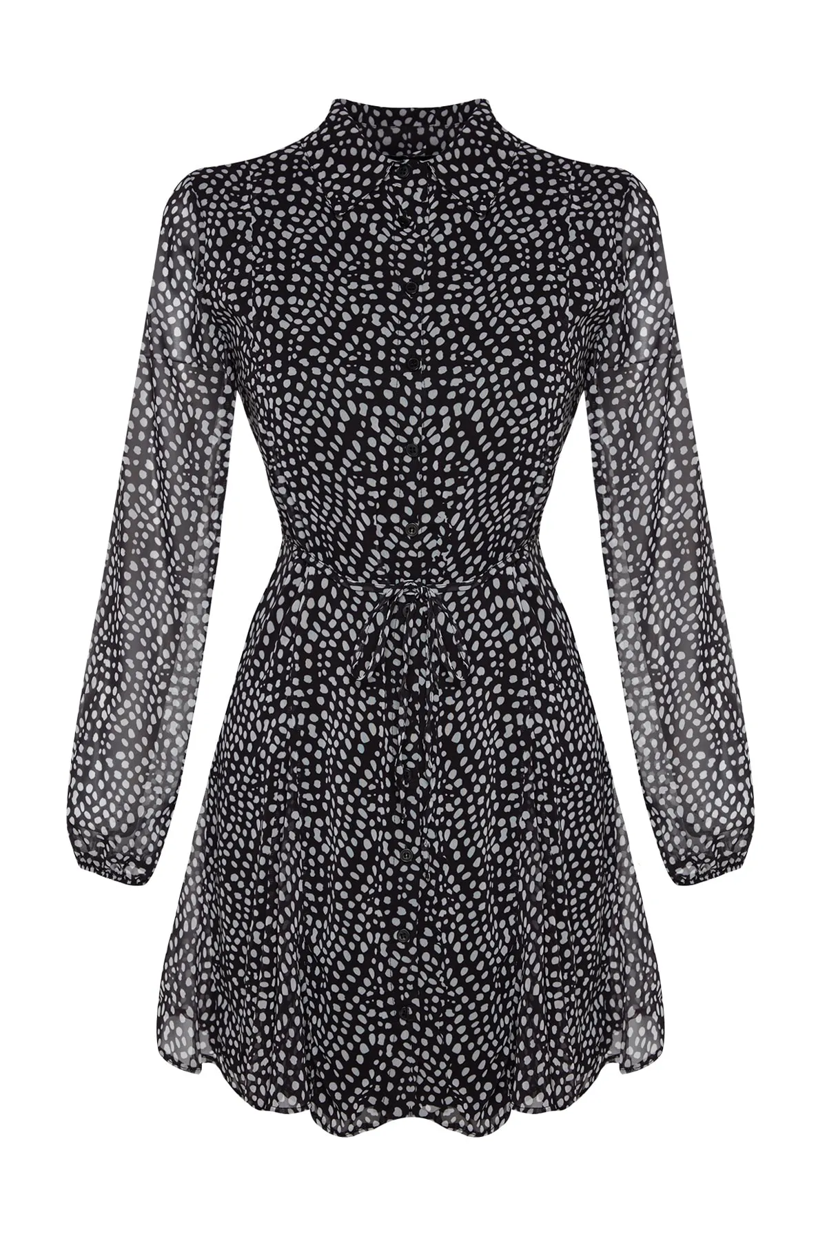 Trendyol Collection  Schwarzes, gepunktetes Mini-Hemdkleid aus gewebtem Chiffon mit Futter TWOAW24EL00247