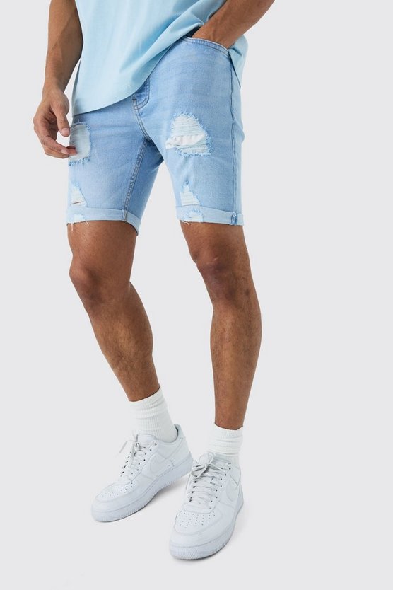Zerrissene Skinny Stretch Jeansshorts in Hellblau