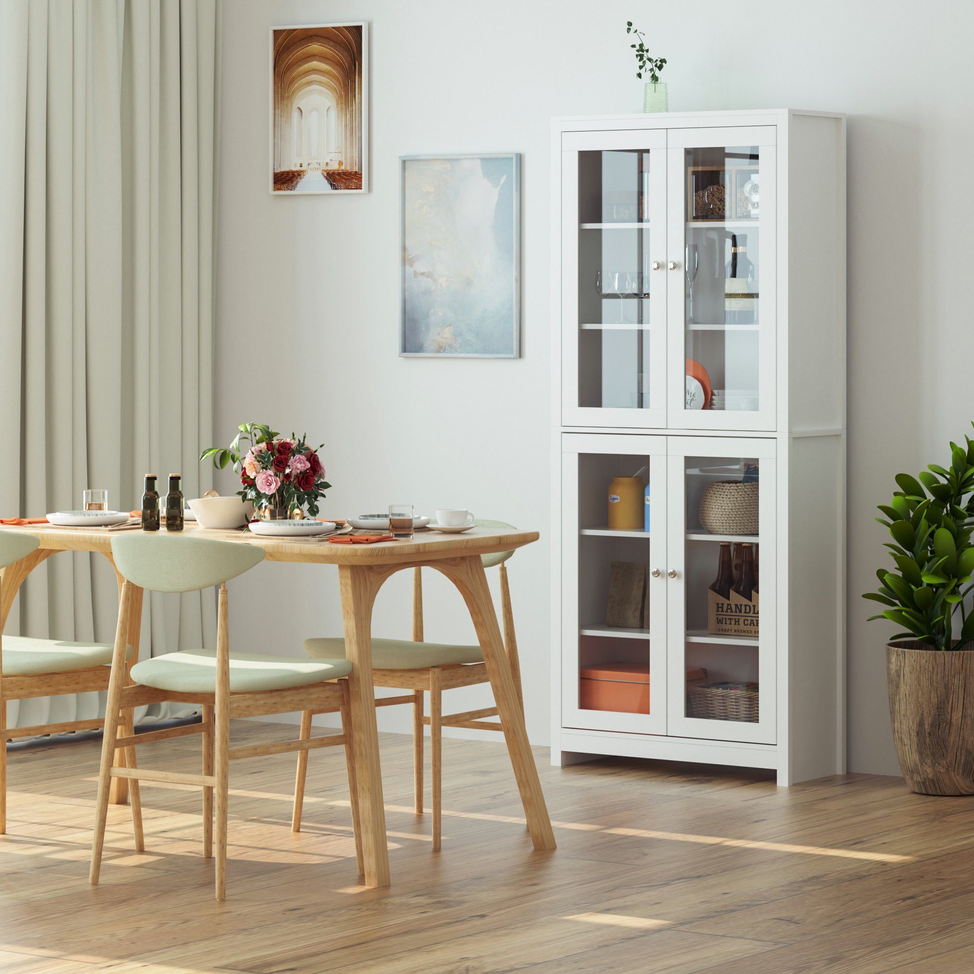 Homfa Hochschrank Vitrinenschrank, 190cm hoch Bücherschrank, mit Türen, Weiß