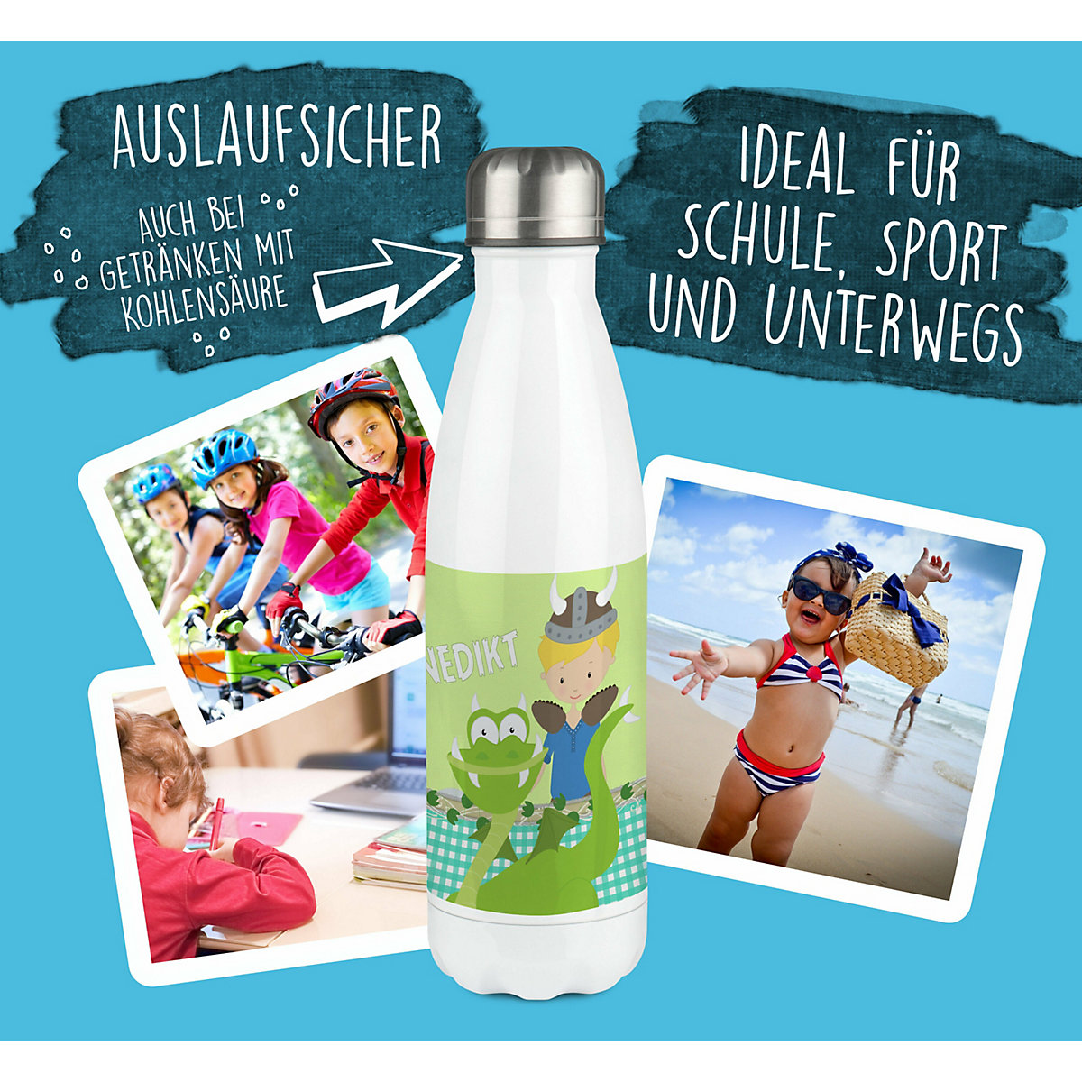 Edelstahl Kinder Thermoflasche / Trinkflasche bunt Wikinger Spülmaschinenfest, Auslaufsicher, Bruchfest, Doppelwandig, Für Heißgetränke geeignet, Mit Deckel, Isoliert