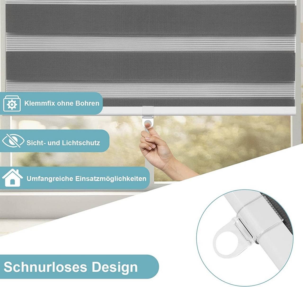 Doppelrollo, Woltu, verdunkelnd, Klemmfix, freihängend, Klemm- oder Schraubmontage, Schnurlos