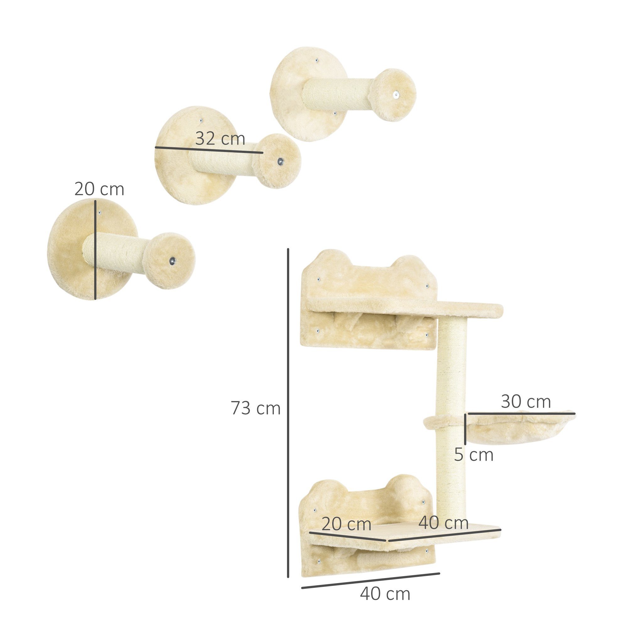 PawHut Katzen-Kletterwand Katzen Kletterwand, 4-teilig, Katzentreppe, Sisal, Beige+Cremeweiß, mit Hängematte, 40 x 28 x 73cm