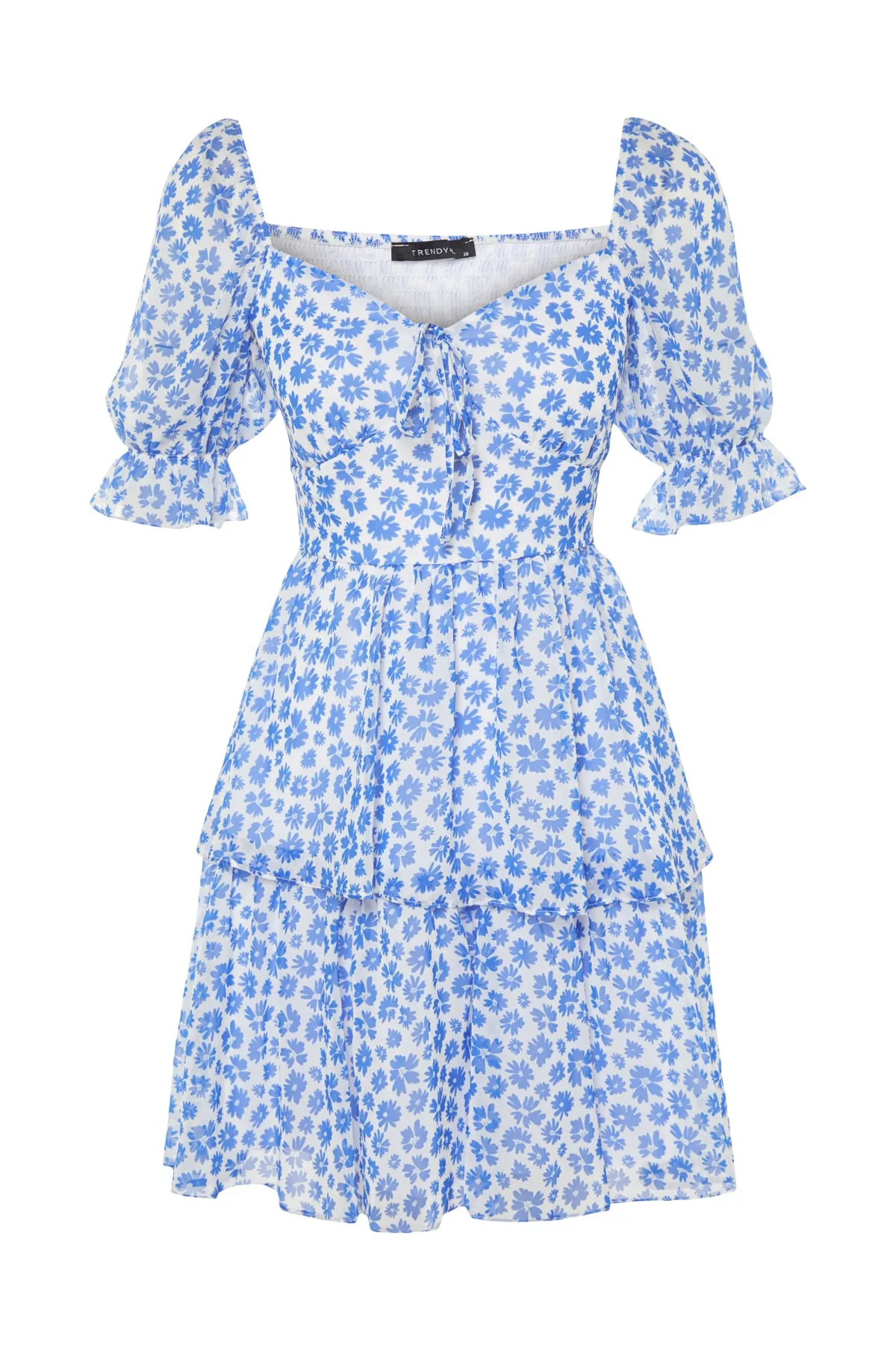 Trendyol Collection  Blaues Mini-Webkleid mit Volant-Chiffon-Futter und Blumenrock TWOSS22EL2772