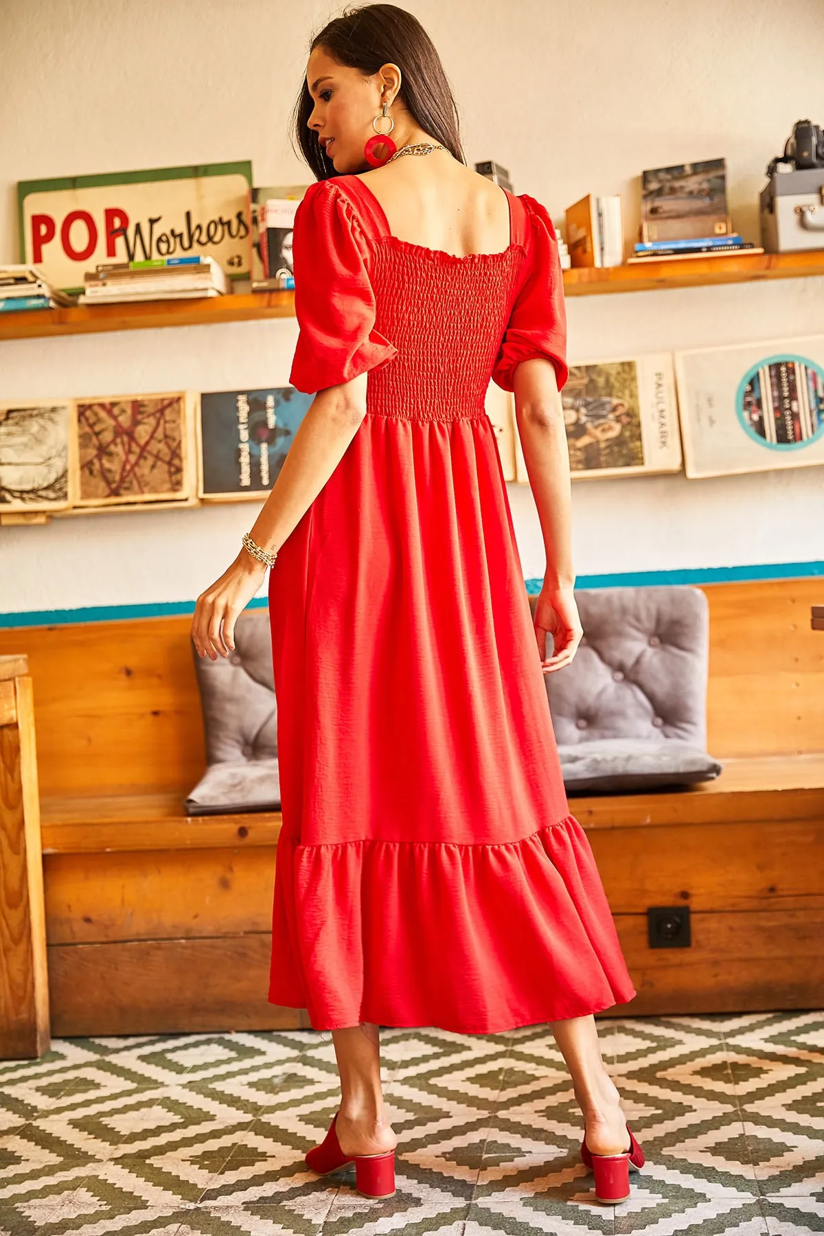 Olalook  Rotes Damenoberteil mit glitzerndem, quadratischem Kragen, Bodrum-Kleid ELB-19001557