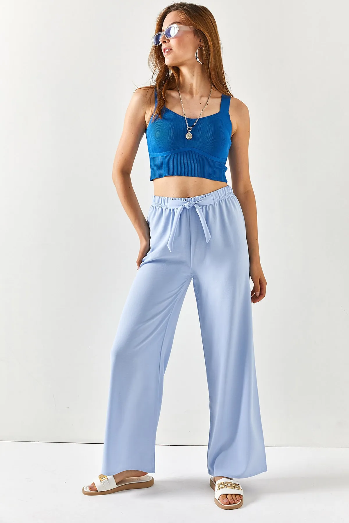 Olalook  Eisblaue Palazzo-Ayrobin-Hose mit Gürtel und elastischem Bund für Damen PNT-19000200