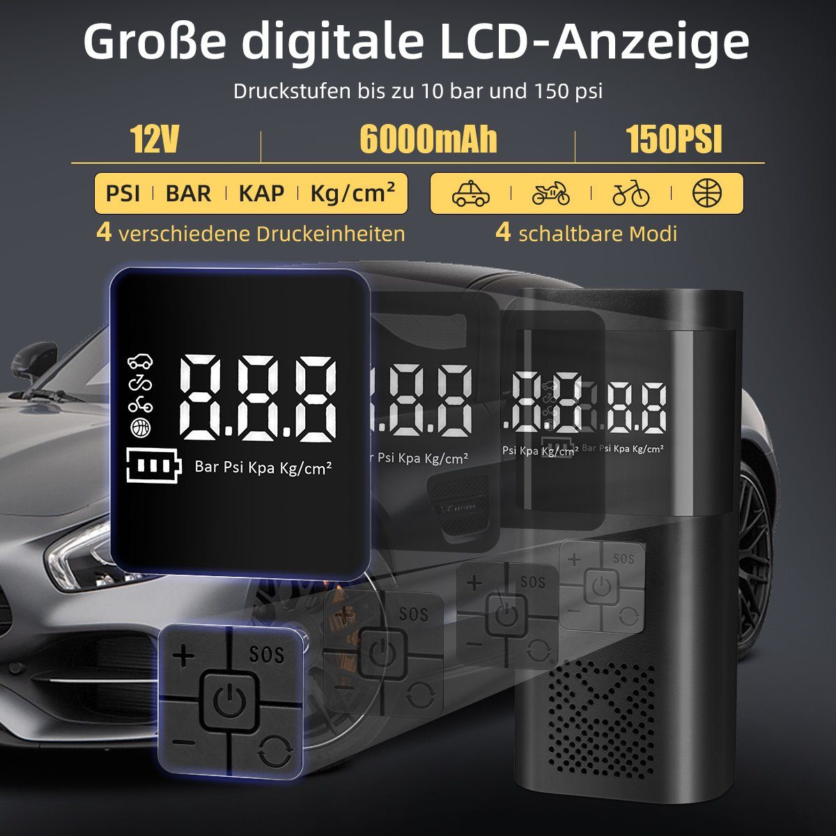 7Magic Luftpumpe Elektrische Luftpumpe mit 6000mAh Akku, AutoOff, USB-Powerbank, 150PSI Luftpumpe mit Manometer für Auto Fahrrad Motorrad Bälle
