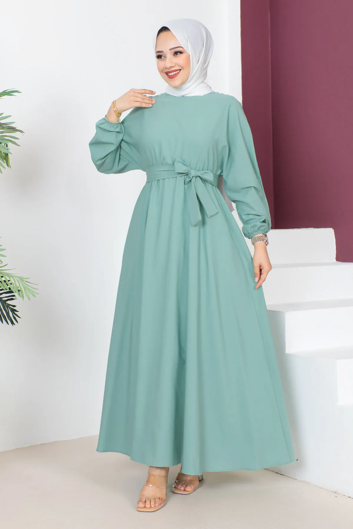 Tesettür Dünyası  Kleid mit Taillengürtel TSD230611 Mintgrün