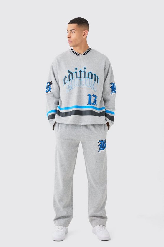 Oversize Sweatshirt-Trainingsanzug mit V-Ausschnitt und Applikation