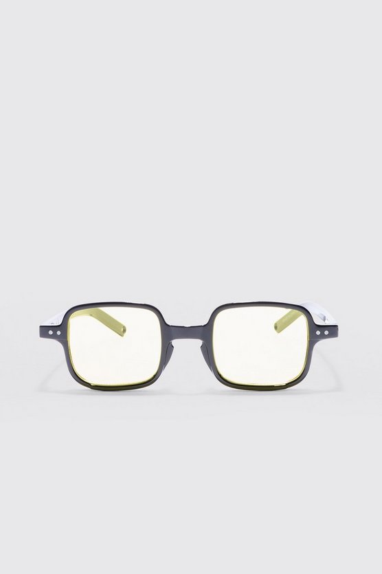 Eckige schwarze Sonnenbrille mit gelben Gläsern