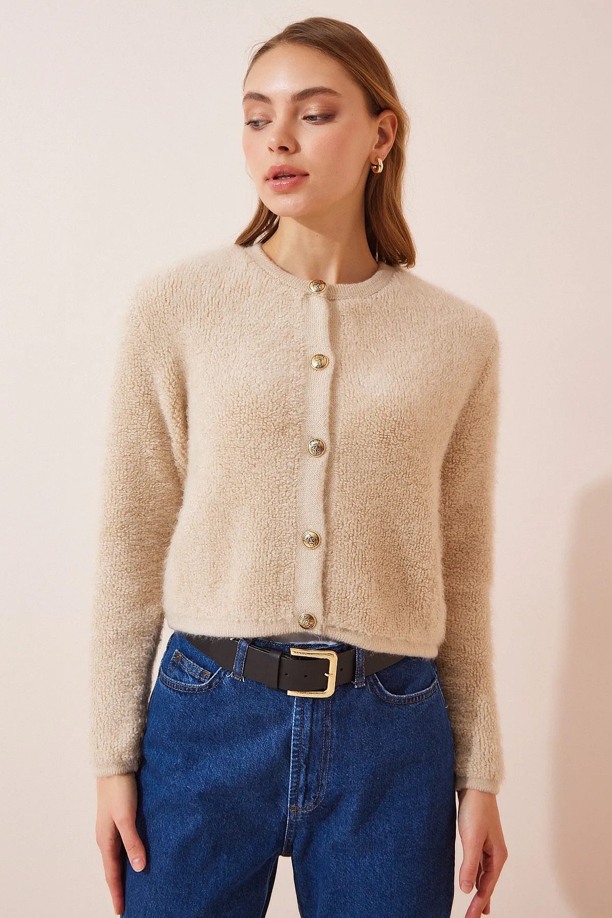Happiness İstanbul  Damen Dunkelcreme Bouclé Strickjacke Cardigan YY00117