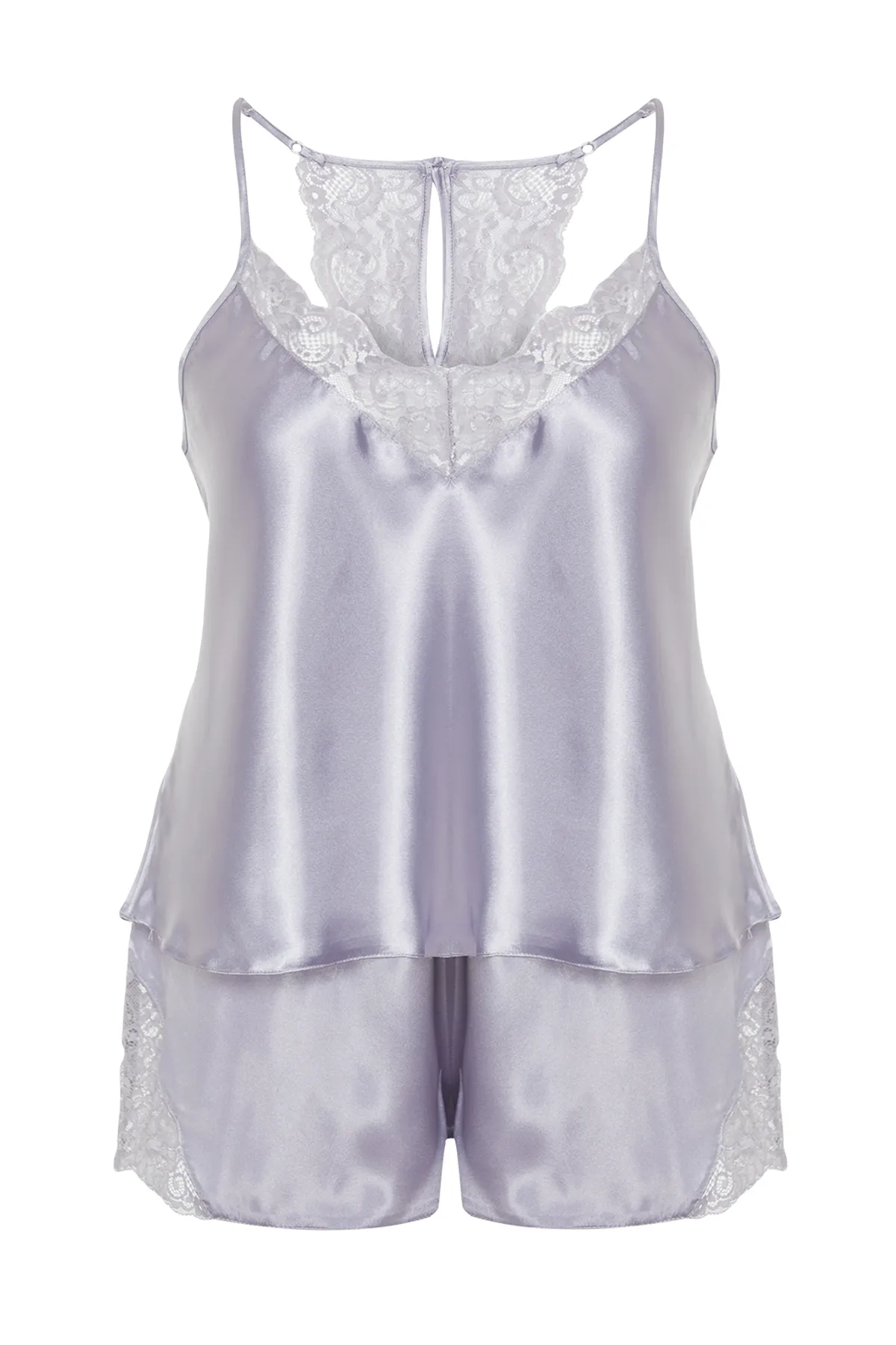 Trendyol Curve  Hellblaues Pyjama-Set aus gewebtem Satin mit Spitzendetails TBBSS23AI00020