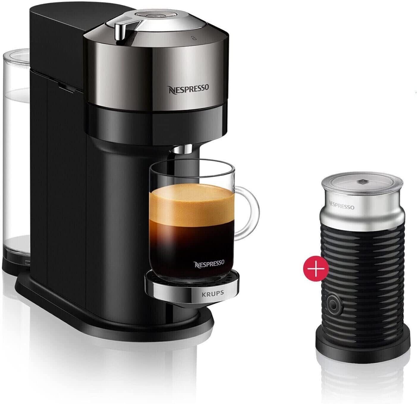 Krups Kapselmaschine Vertuo Next Chrome XN910C Kaffeemaschine, Aeroccino 3 Milchaufschäumer, 1x1, Röstmischungs 1,1L Wassertank, Kapselerkennung, 5 Tassengrößen