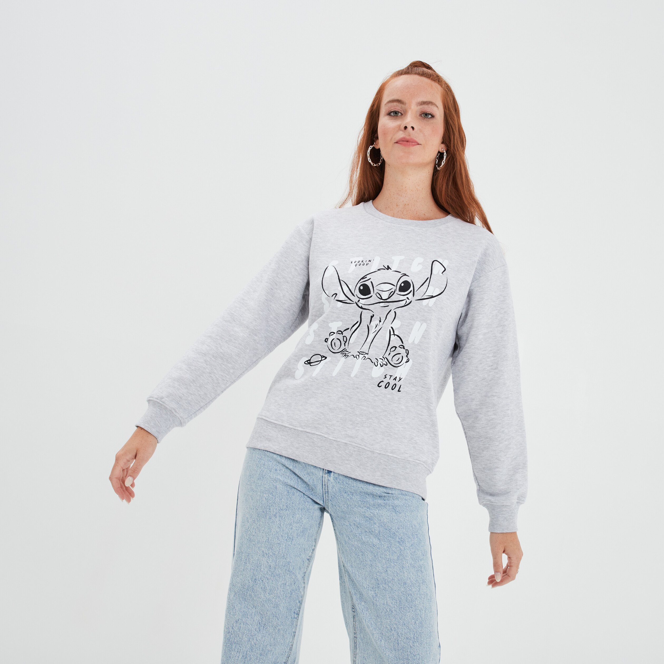 Sweat col rond manches longues Stitch gris femme | La Halle