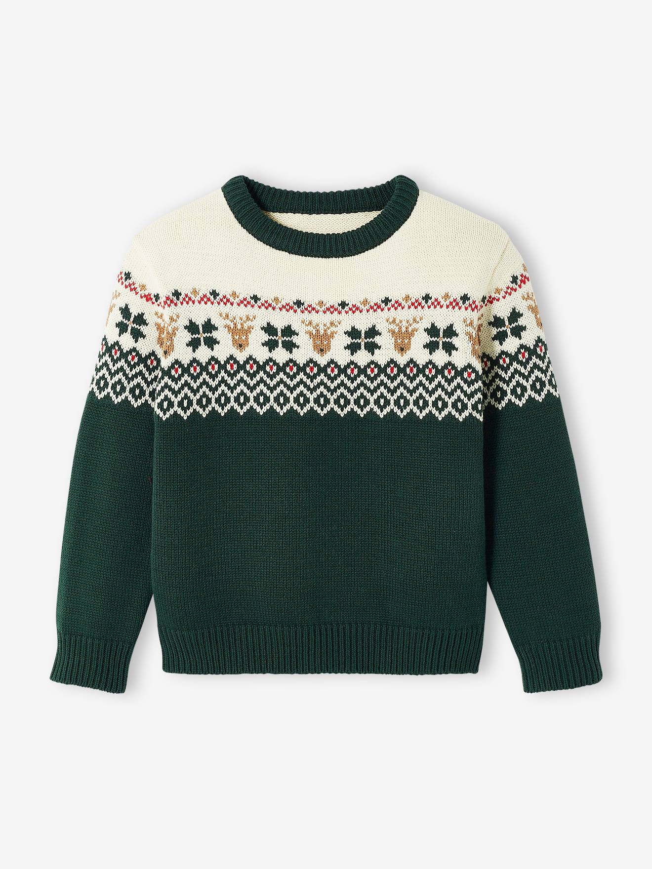 Pull de Noël enfant capsule famille motifs jacquard vert sapin