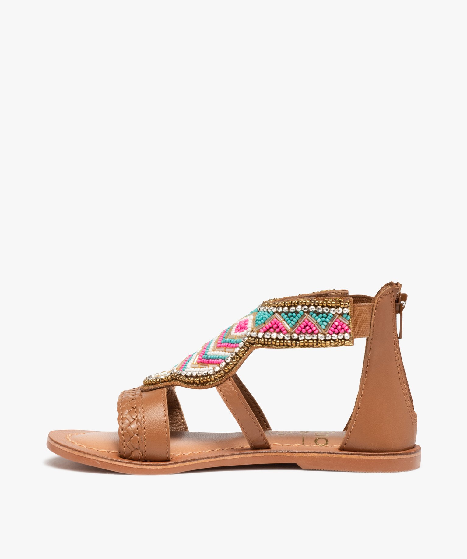 Sandales fille montantes à brides ornées de perles camel | GEMO