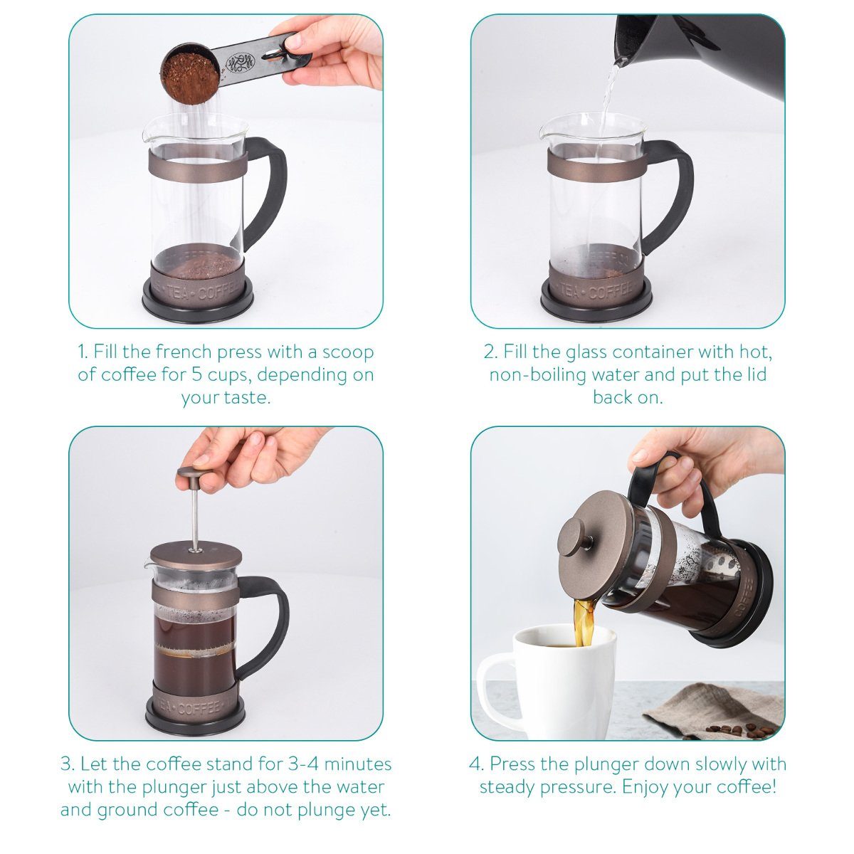 Navaris French Press Kanne Stempelkanne mit Edelstahl Filter, 350 ml, auch für Tee