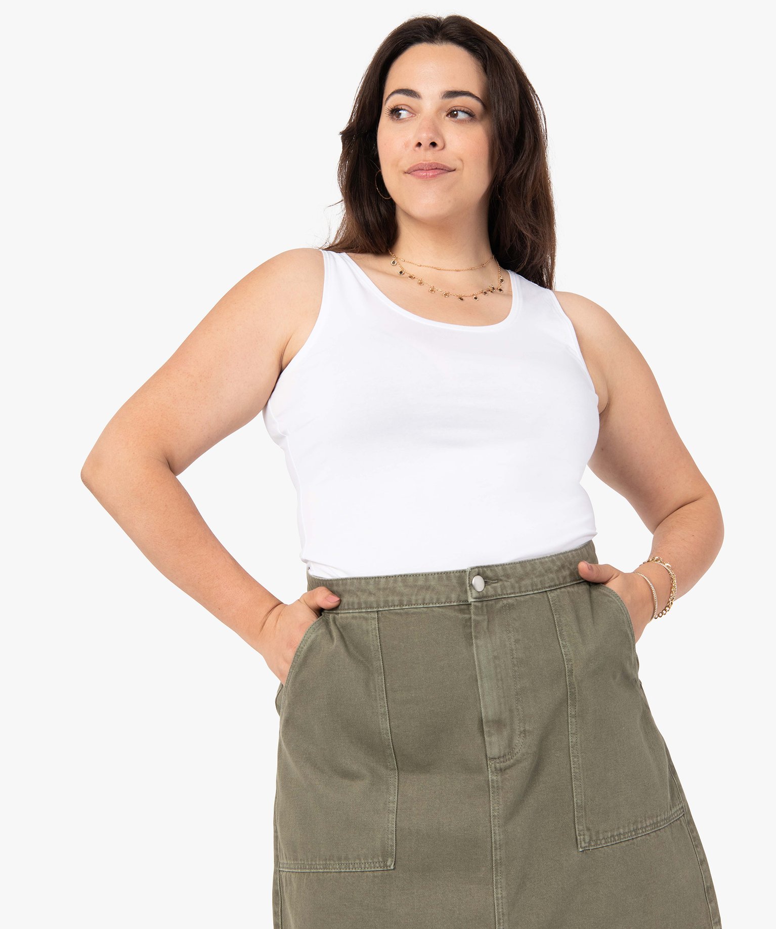 Débardeur femme grande taille uni en coton extensible blanc | GEMO