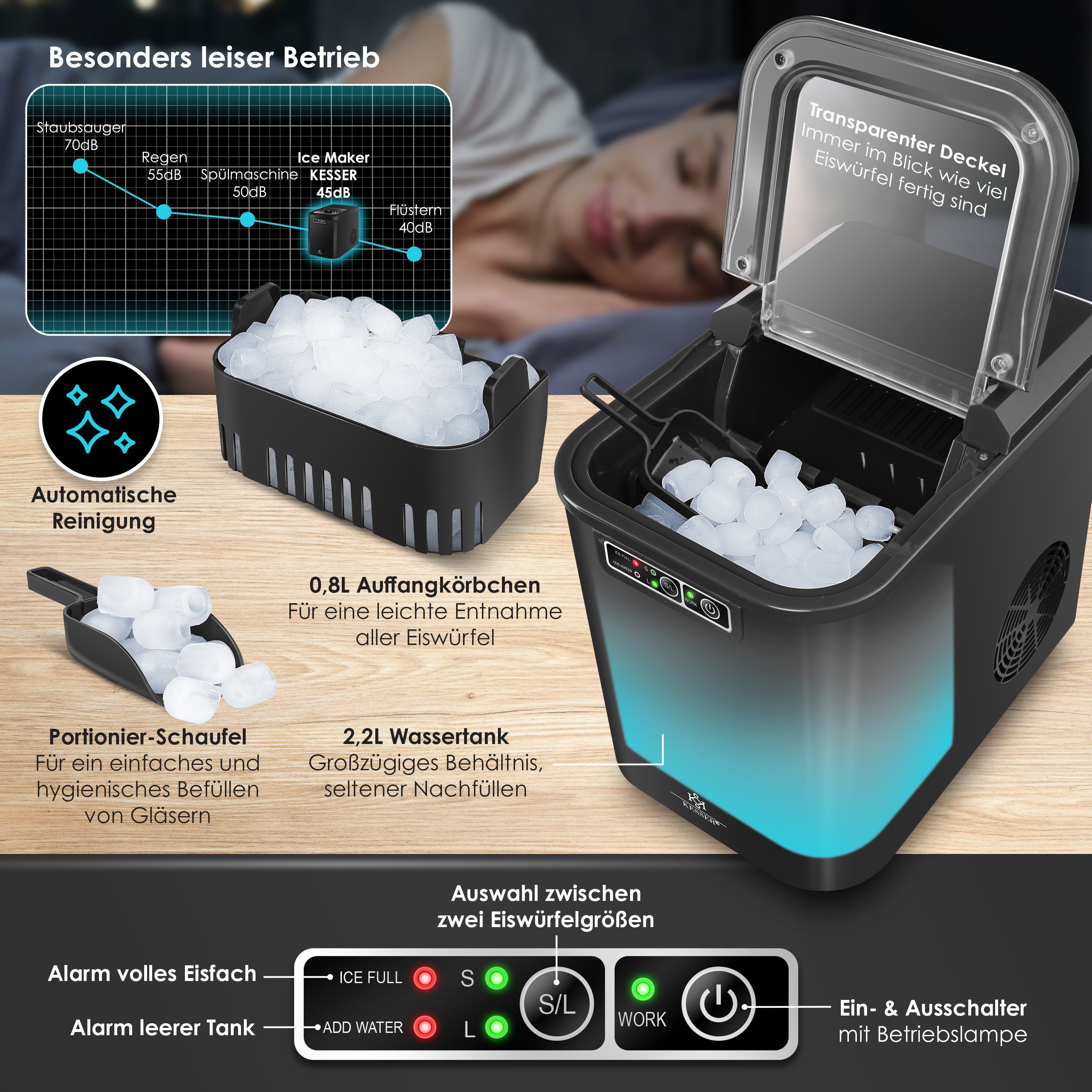KESSER Eiswürfelmaschine, Eiswürfelbereiter Eiswürfelmaschine Edelstahl Ice Maker