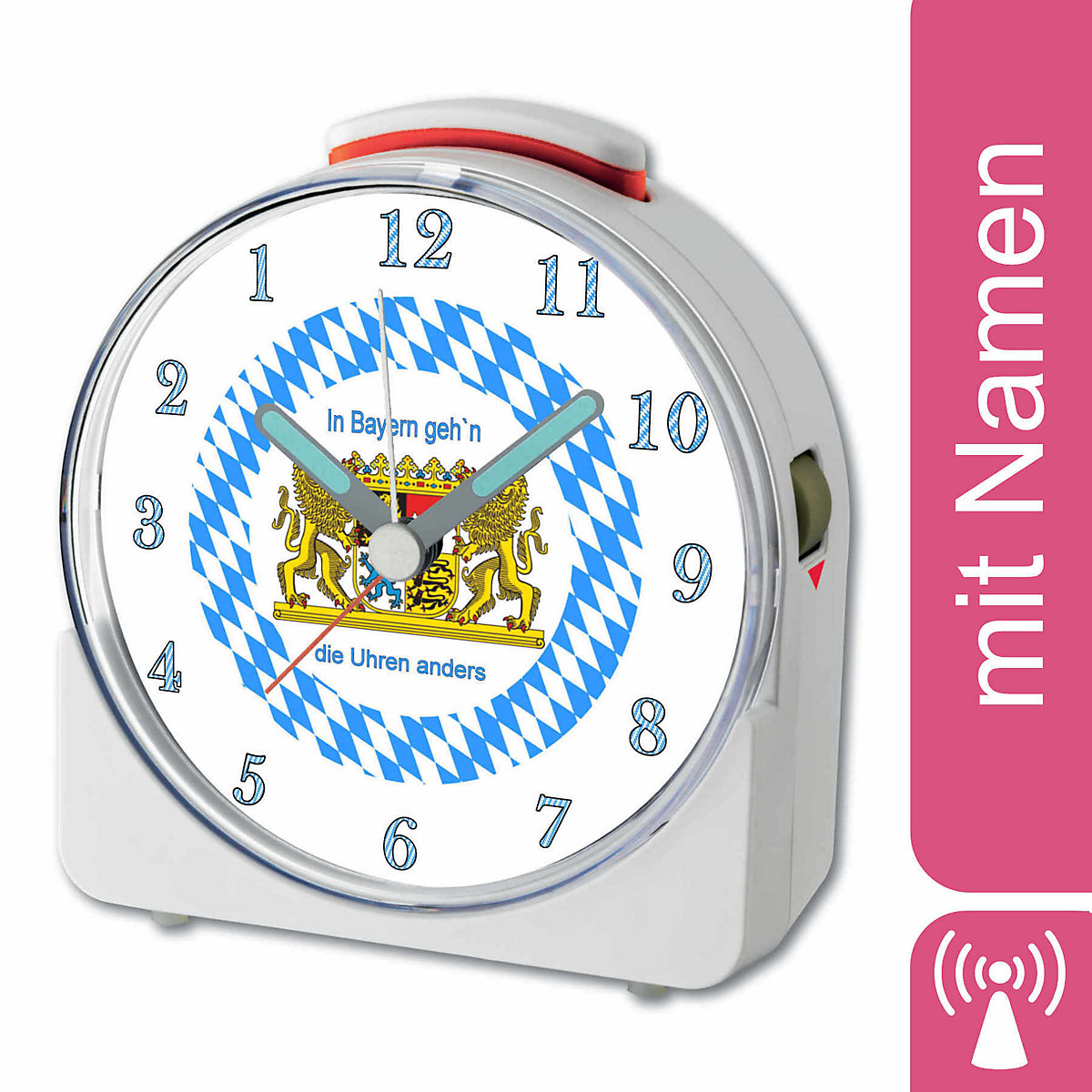Kinder Funkwecker weiß personalisiert mit Namen Bayern 12-Stunden-Anzeigeformat, Geräuschlos/Ohne Ticken, Nachtlicht