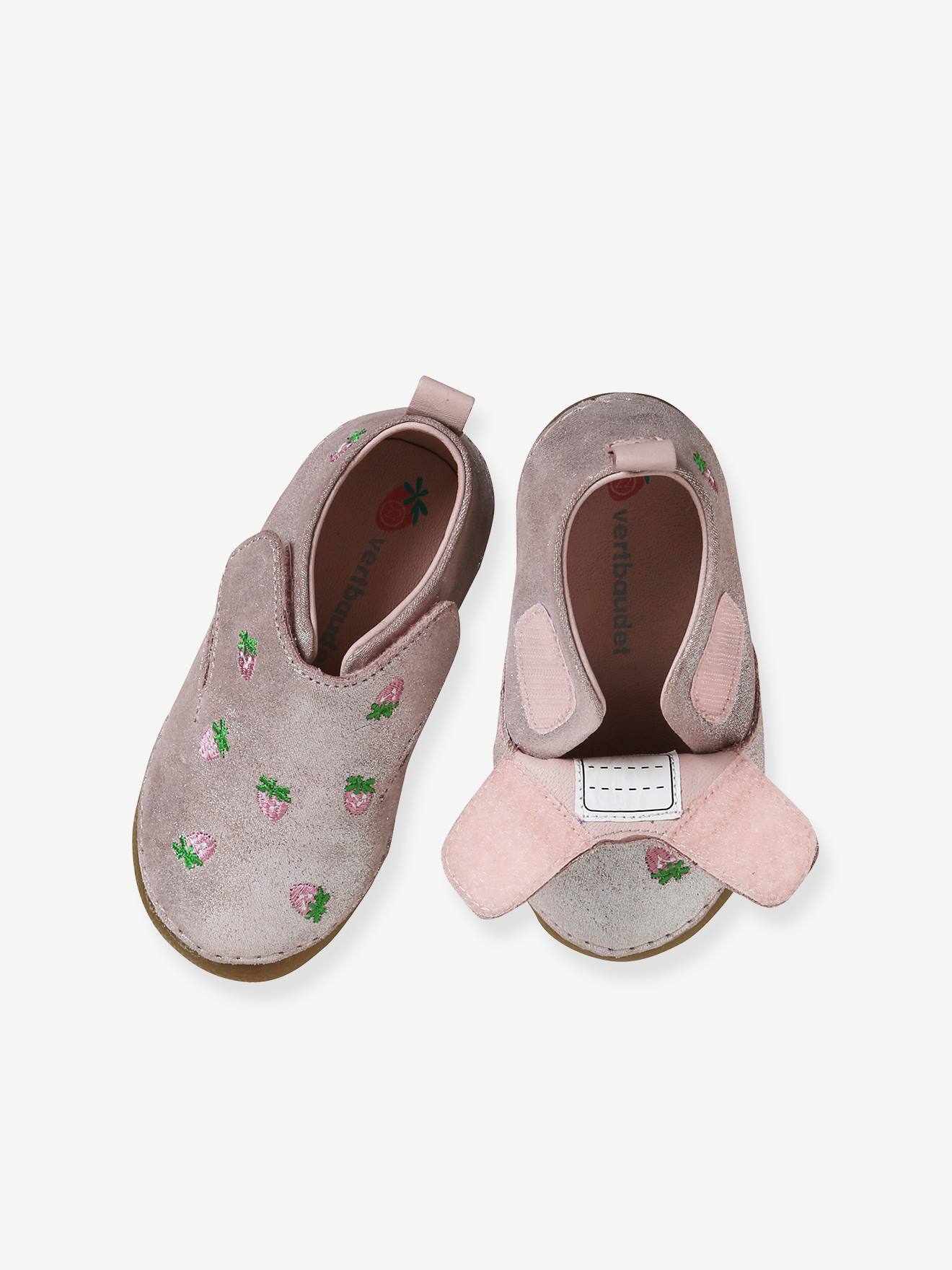 Chaussons scratché bébé en cuir souple rose