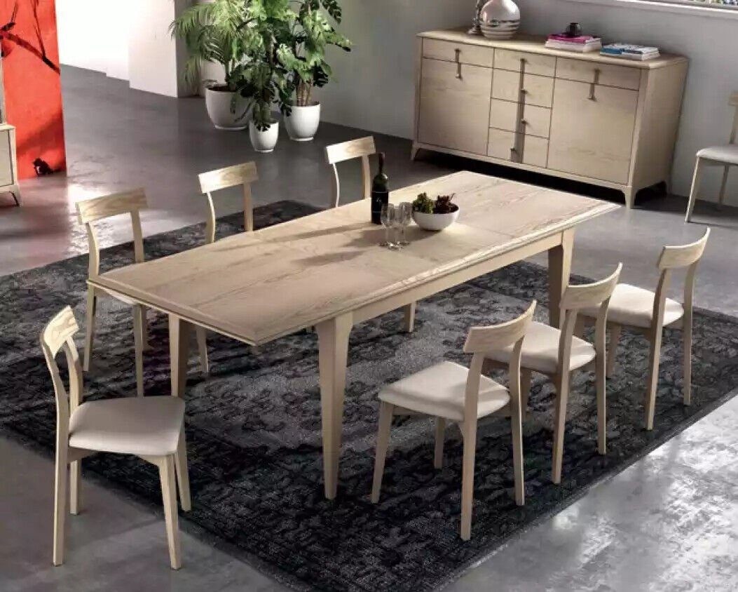 JVmoebel Esszimmer-Set Beige Esszimmer Garnitur Set Tisch 4x Stühle Vitrine, (7-St., Nur Esstisch + 4x Stühle + Sideboard + Vitrine), Made in Italy