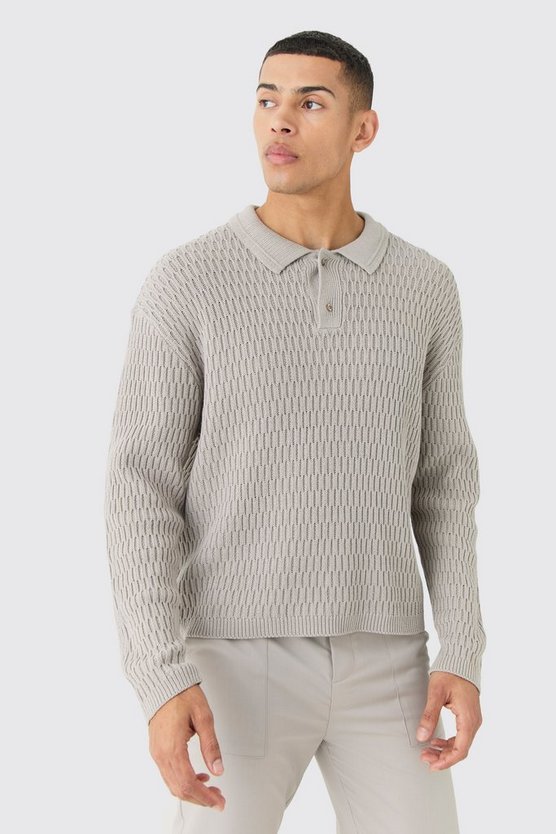 Langärmliges strukturiertes Poloshirt