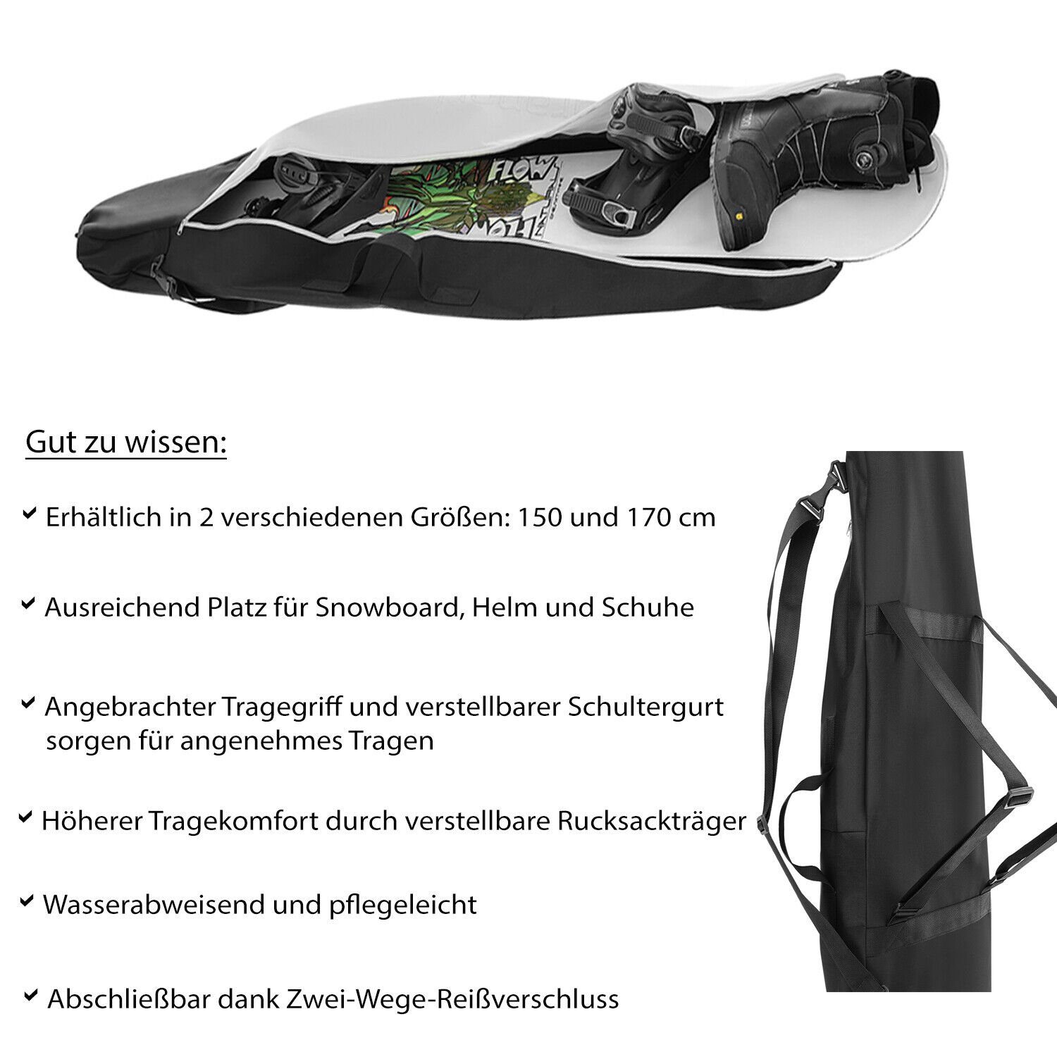 Granori Skitasche für Snowboard – Snowboardtasche & -rucksack 2-in-1 Boardtasche 150 cm (abschließbar), mit zusätzlichem Platz für Skihelm und Skischuhe