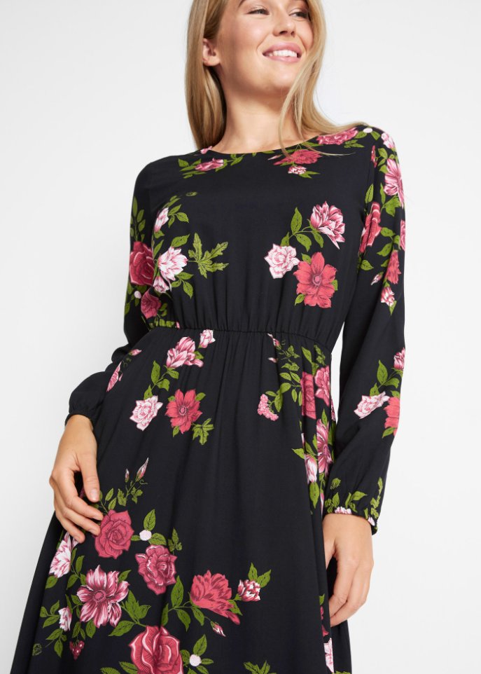Tailliertes Blusenkleid mit Rundhals, knieumspielend