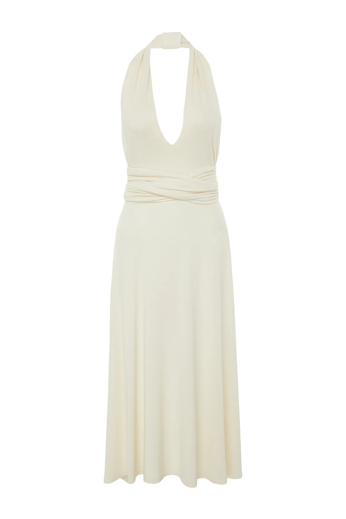 Trendyol Collection  Ecrufarbenes, gestricktes, geschnürtes Strandkleid für die Brautmode mit Gürtel TBESS21EL2992
