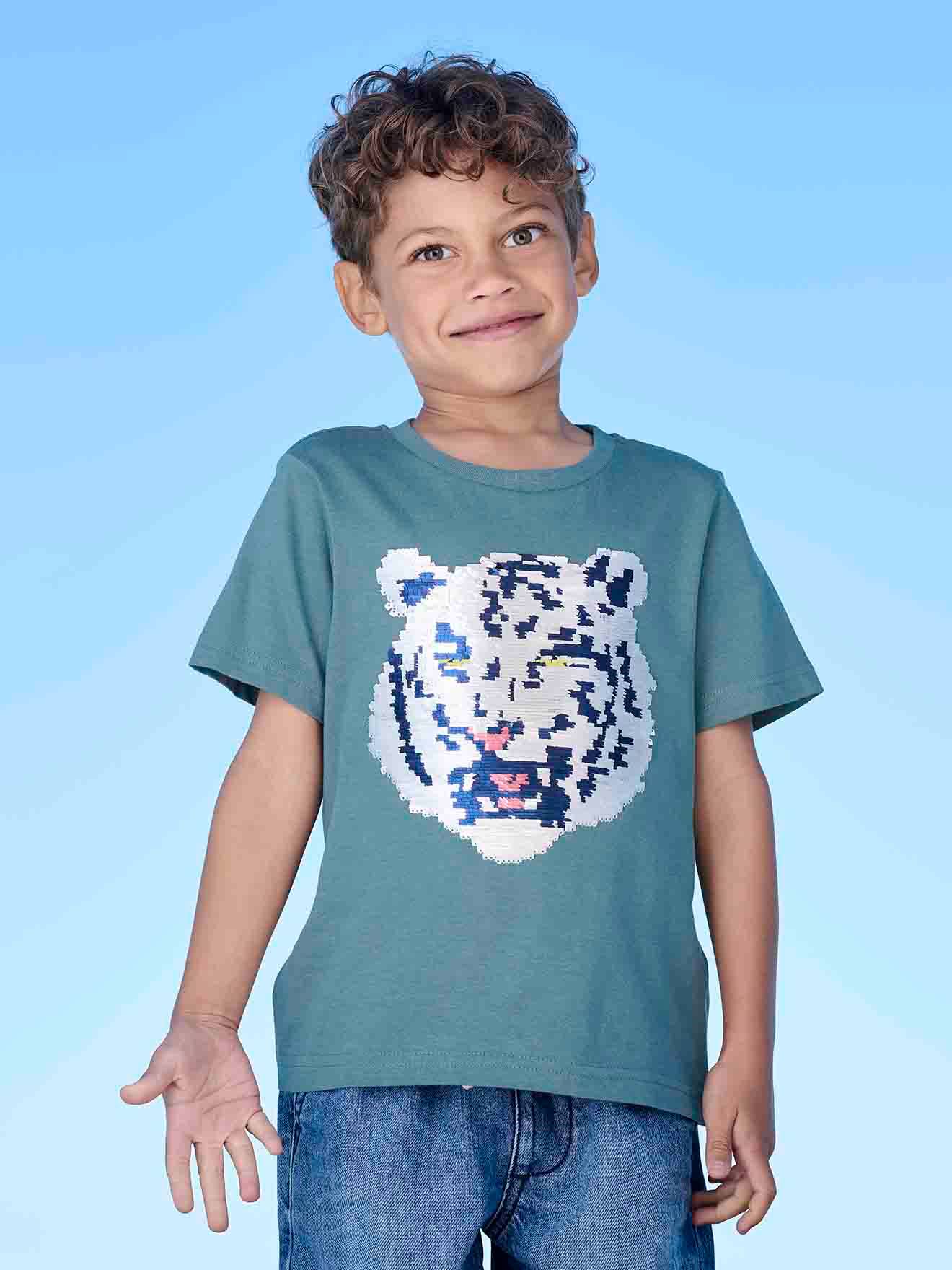 Vertbaudet Jungen T-Shirt mit Wende-Pailletten Oeko-Tex - weiß