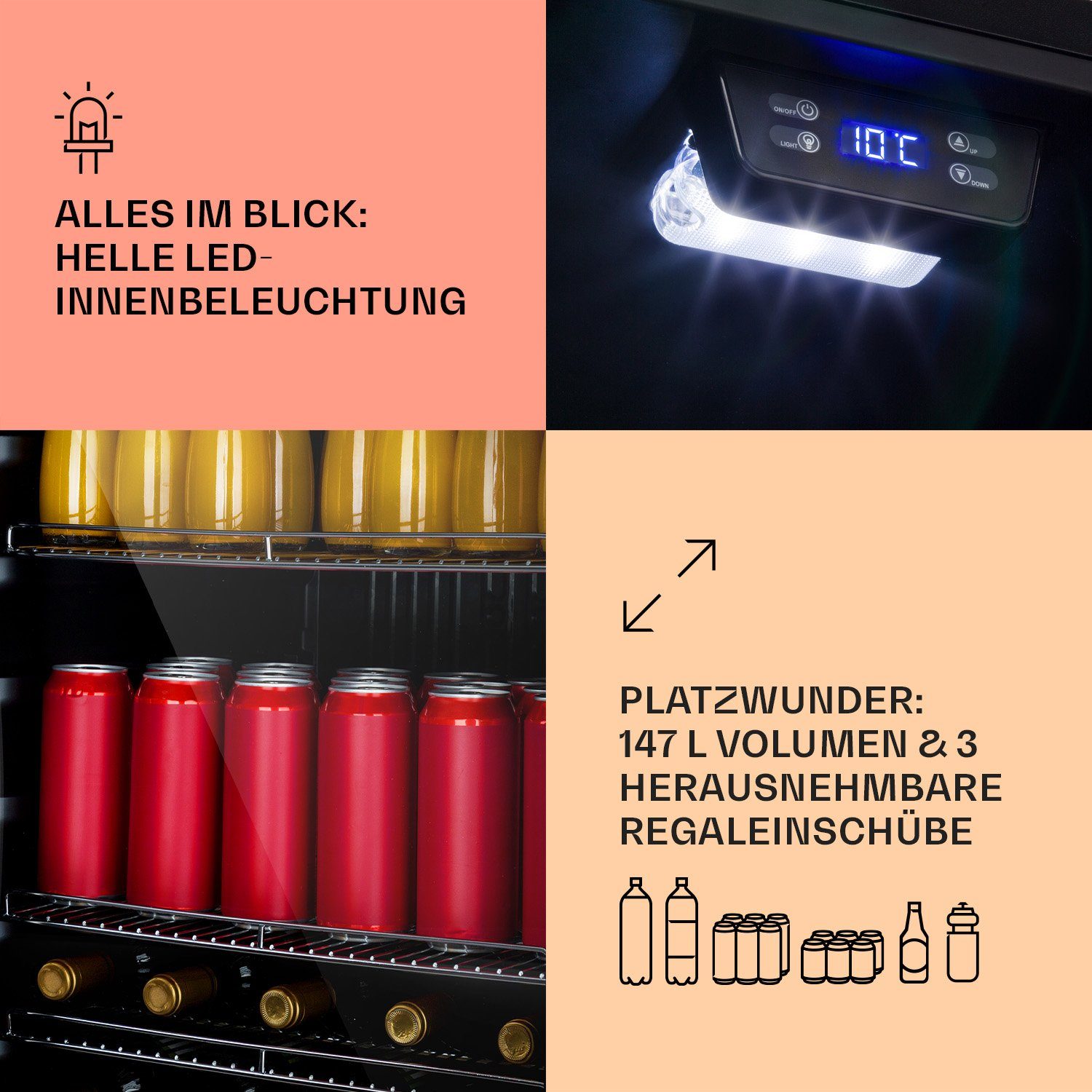 Klarstein Getränkekühlschrank HEA8-Beersafe5XL-OX 10039512, 84 cm hoch, 55 cm breit, Bierkühlschrank Getränkekühlschrank Flaschenkühlschrank mit Glastür