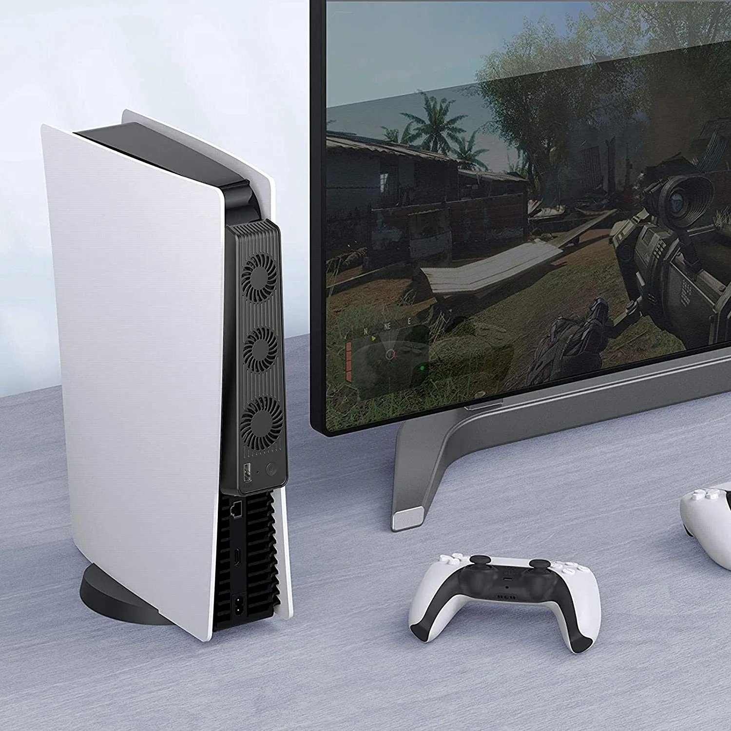 KINSI PS5 Mainframe-Kühlgebläse, PS5 Cooling Lüfter, mit externem PlayStation-Controller (USB-Anschluss und 3 Ventilatoren, Temperaturkontrolle für PS5, Schwarz)