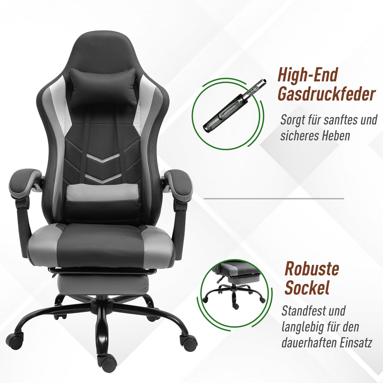 Vinsetto Ergonomischer Gaming Stuhl Bürostuhl Schreibtischstuhl, Drehstuhl Höhenverstellbar, Verstellbares Massage Lendenkissen mit Fußstützen Schwarz 62x52x128 cm