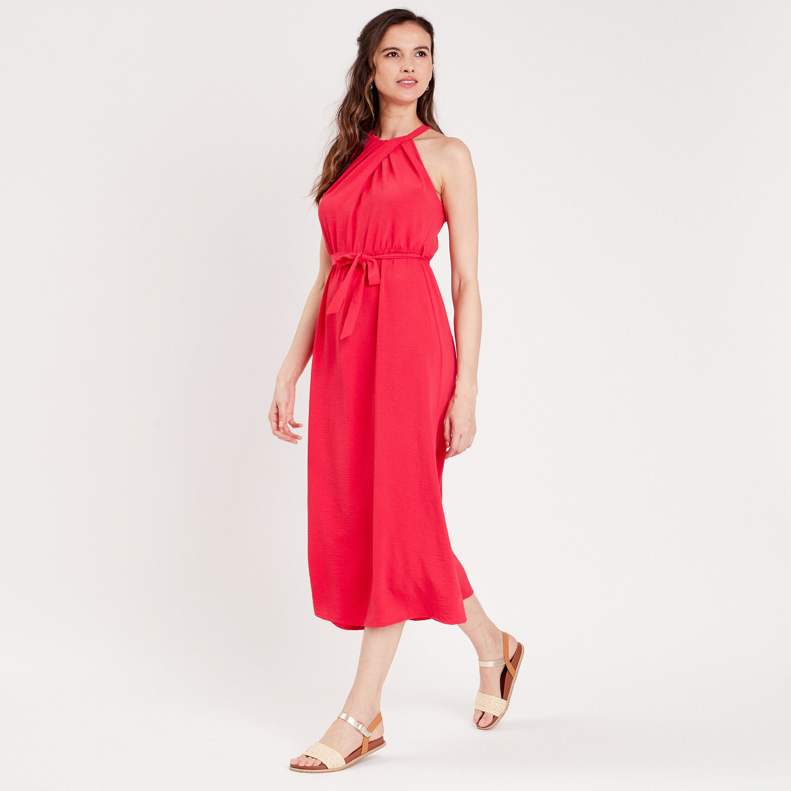 Robe longue droite drapée rose vif femme | Cache Cache
