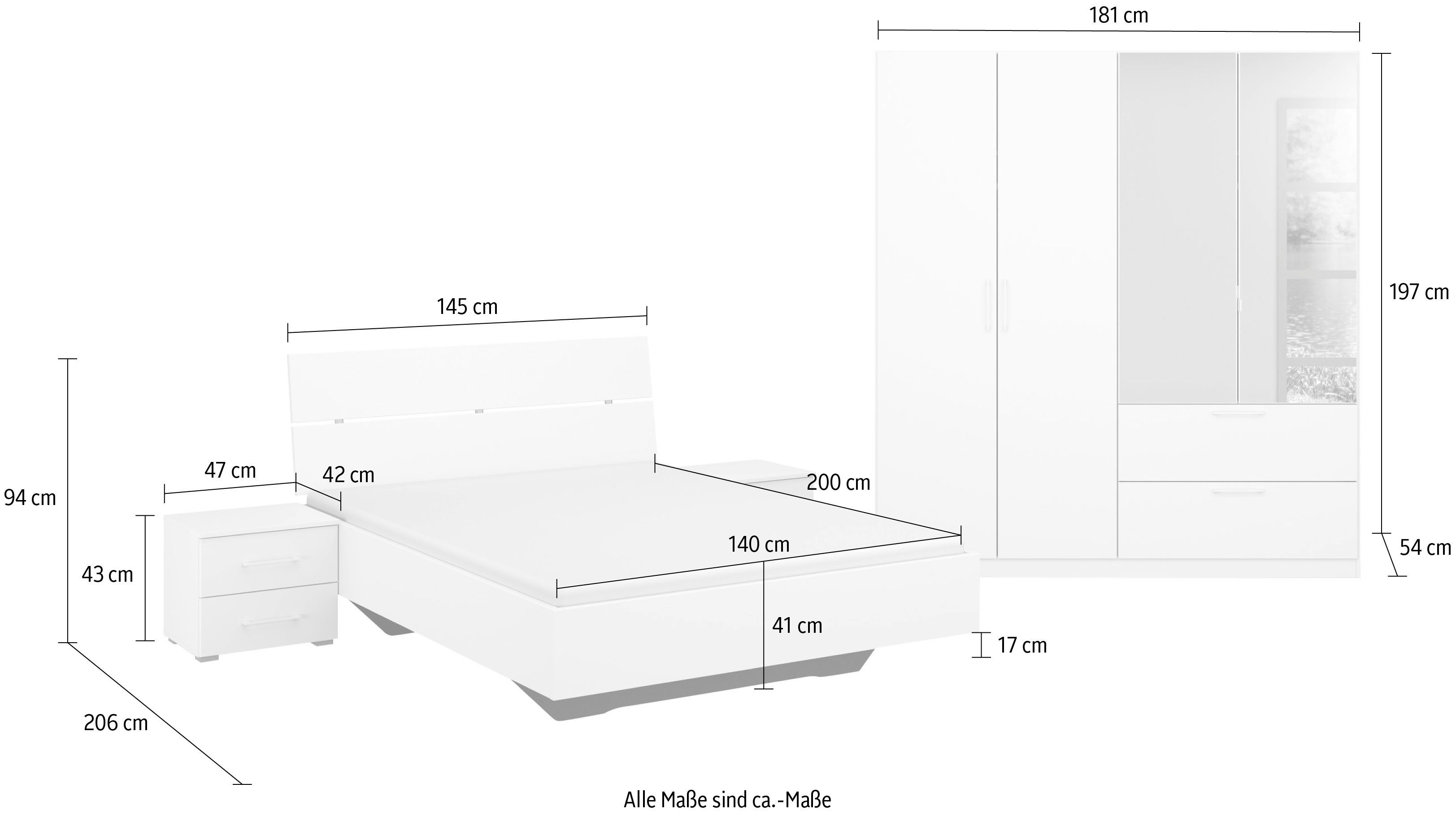 rauch Schlafzimmer-Set Challenger, Schrank mit Spiegel in 2 Breiten, Bett in 3 Breiten und 2 Nachttische