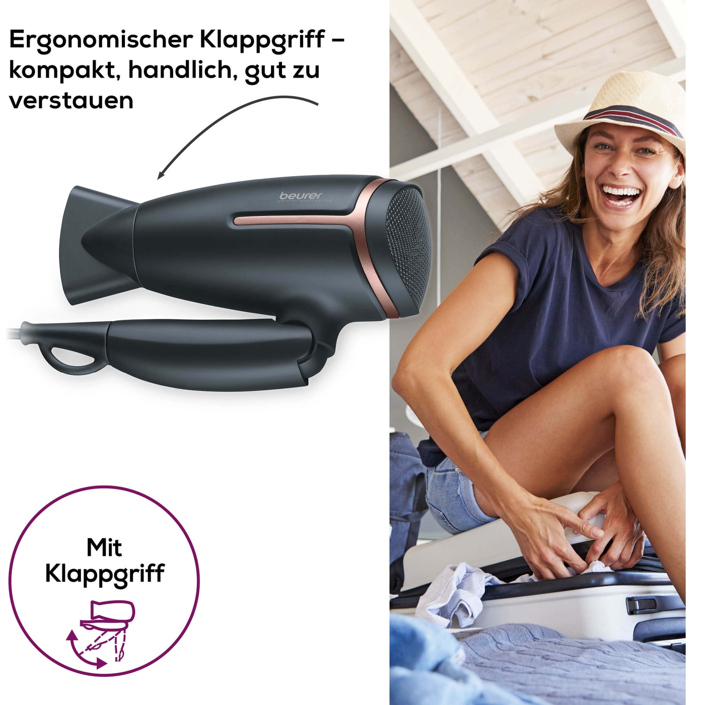 Beurer Reisehaartrockner - HC 25-Klappbarer Reiseföhn mit Ionen-Technologie & Spannungsumschaltung