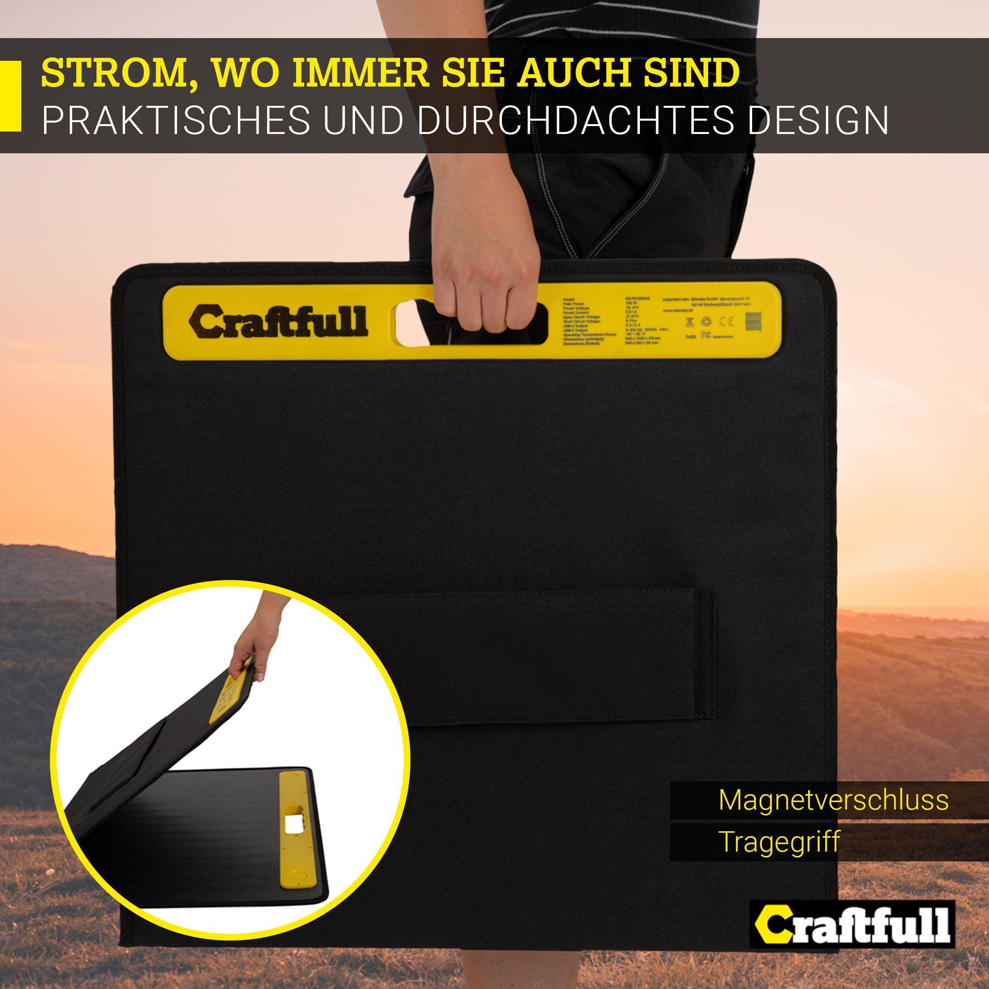 Craftfull Solarmodul Solarpanel faltbar Adventure 60 100 200 300 Watt Solarpanel, 60,00 W, Mono-Schindelzellen, (2x USB-A 1x USB-C Anschluss, ≥ 22% höherer Wirkungsgrad, Integrierte Tasche für Zubehör, Ladekabel für Craftfull Powerstation, 1-St., Tra