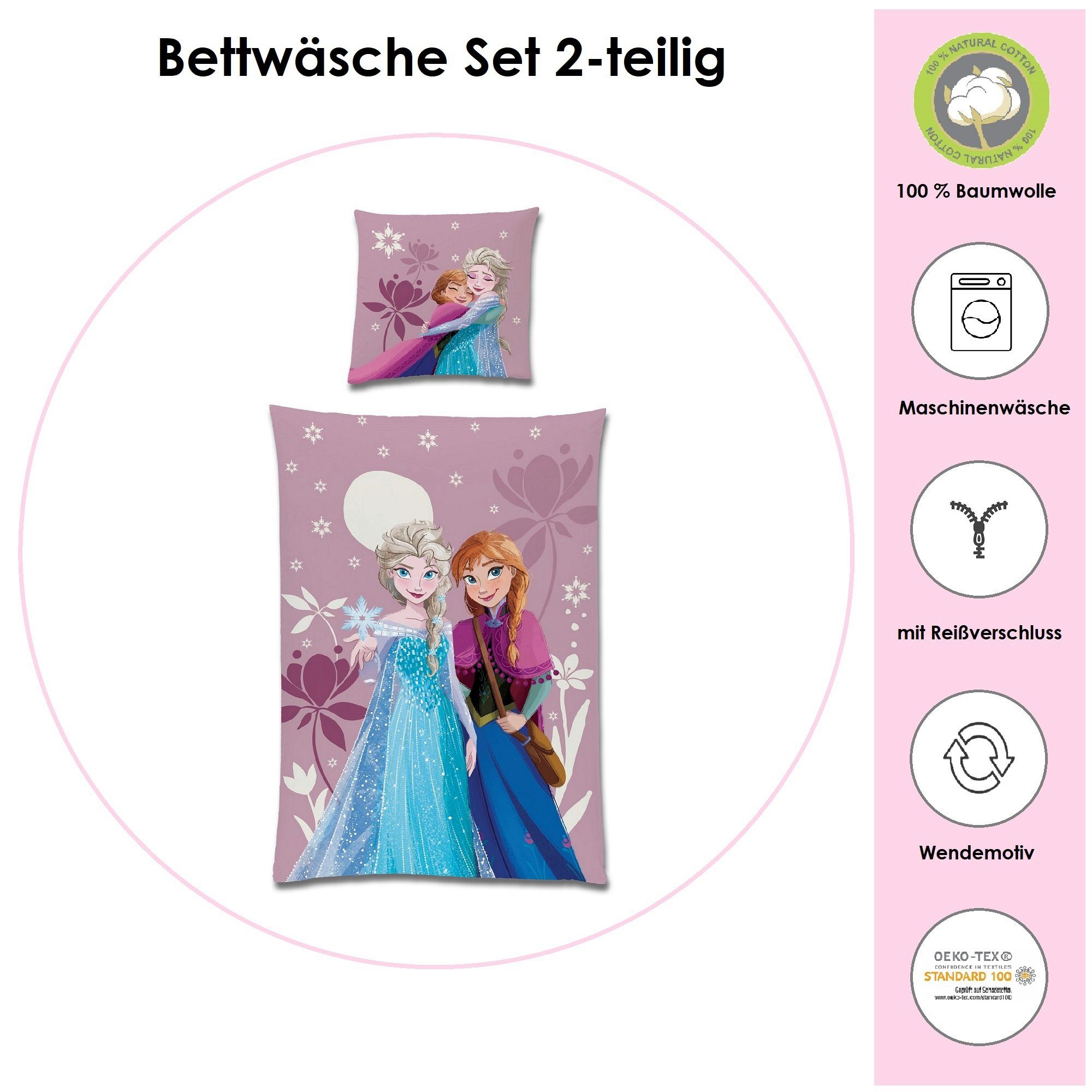 Kinderbettwäsche Frozen Die Eiskönigin 135x200 + 80x80 cm aus 100% Baumwolle, Familando, Renforcé, 2 teilig, 