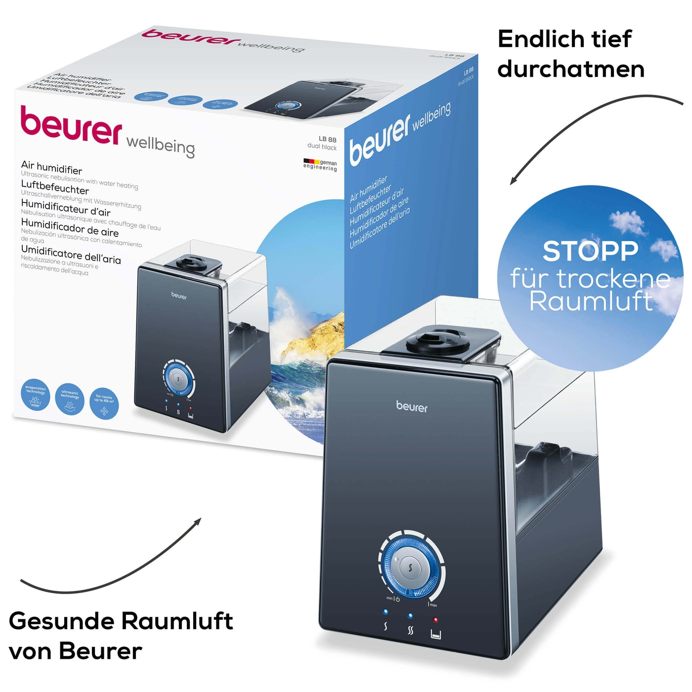 Beurer Luftbefeuchter LB 88 Black-Luftbefeuchter mit zuschaltbarer 3 Stufen Wassererhitzung & Kalkpads bis 48 m²