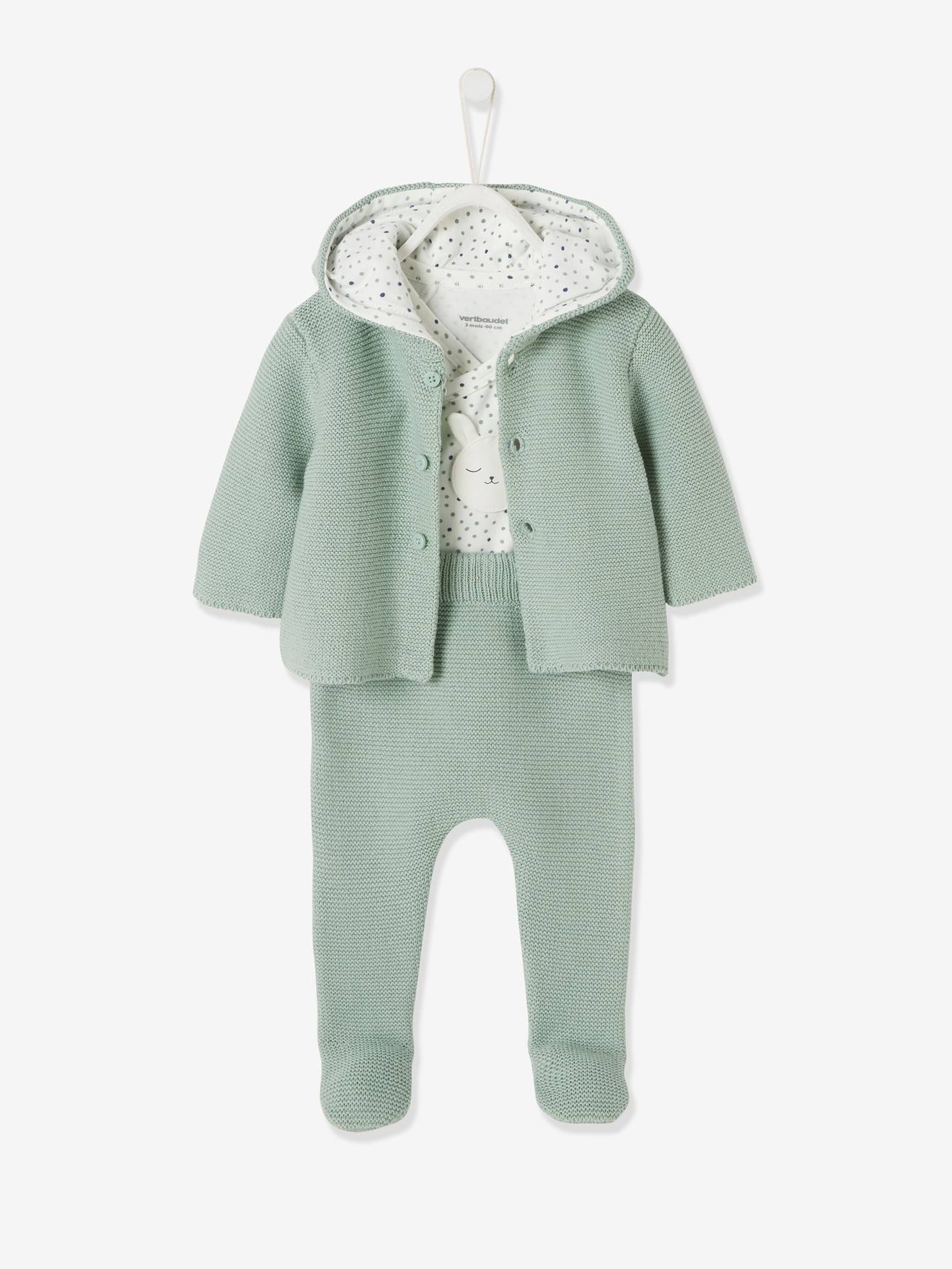 Ensemble naissance 3 pièces point mousse gris clair