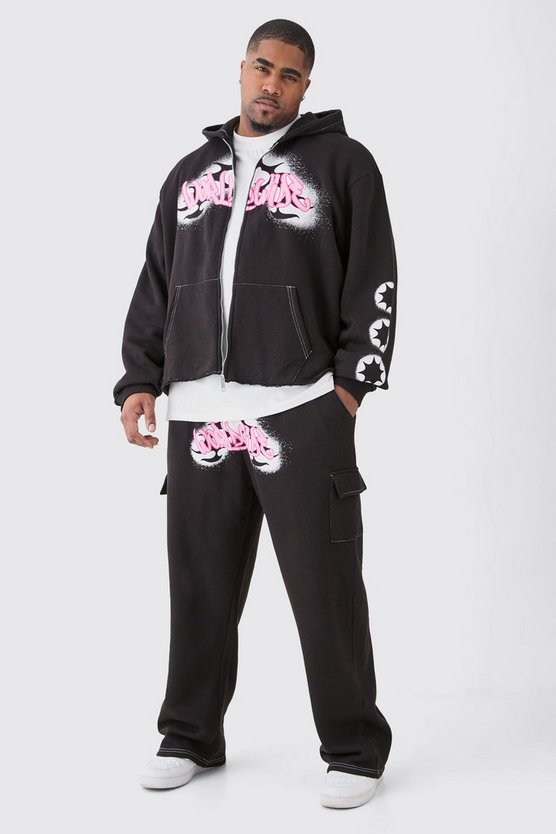 Plus kastiger Cargo-Trainingsanzug mit Worldwide Graffiti Print