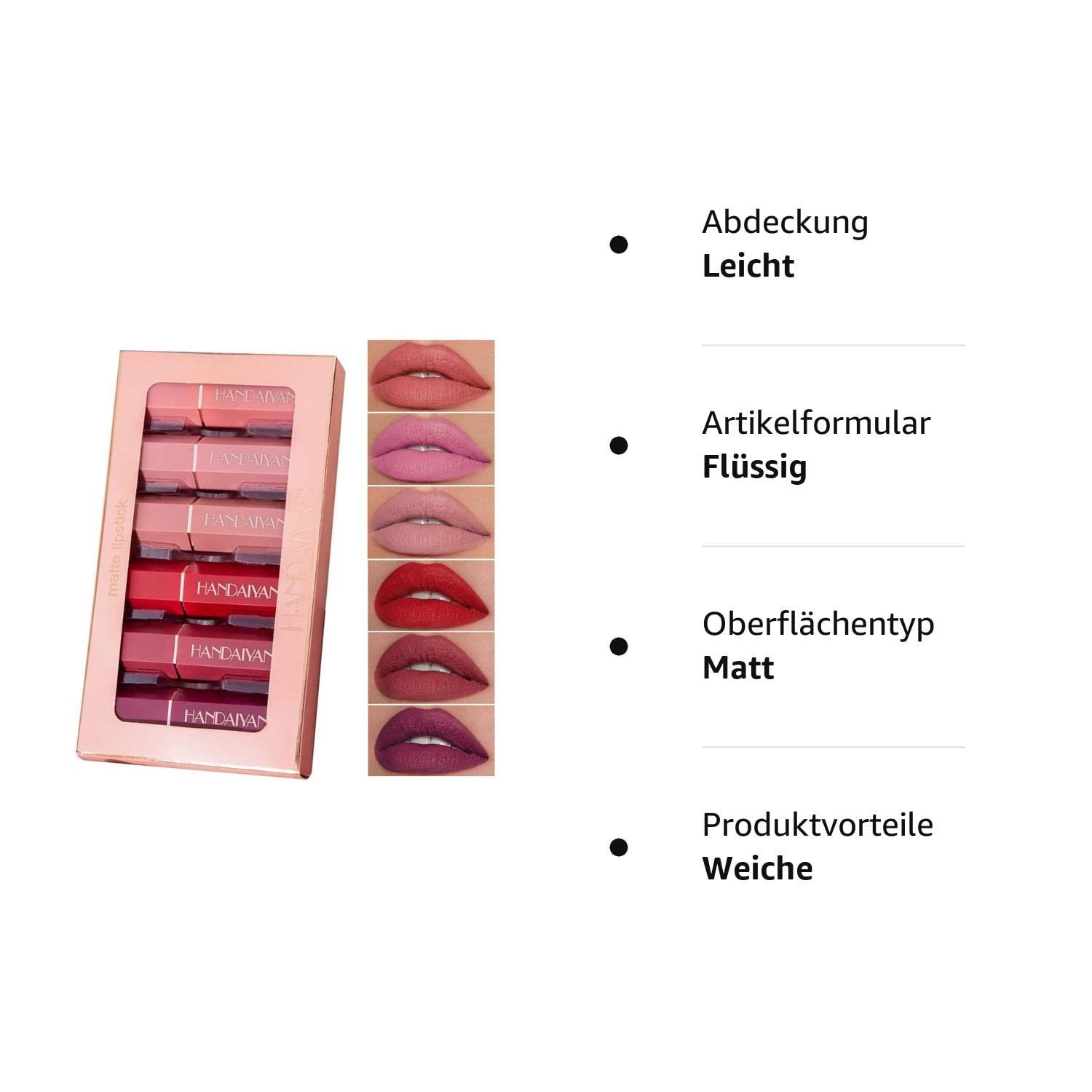 POCHUMIDUU Lippenstift-Set 6 Stück Lippenstiftset Wasserdichte Langlebige Lippenstift, 6-tlg., Antihaft-Tasse