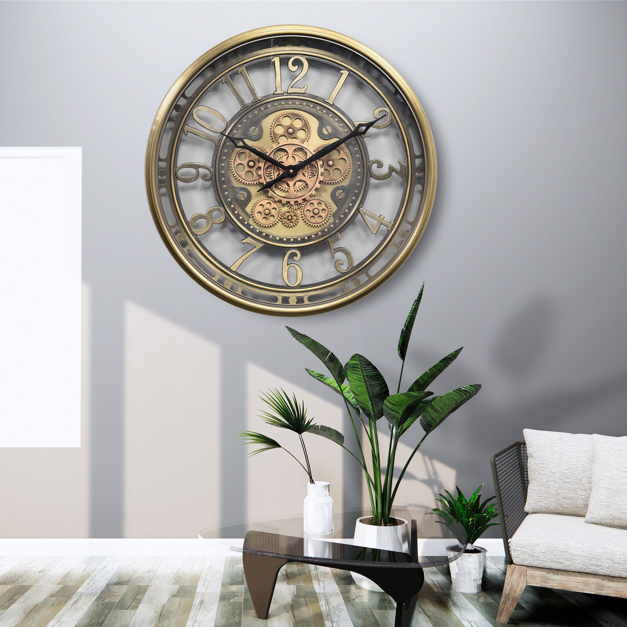 Samilito Uhr Wanduhr mit echtem Bewegungsgetriebe Zahnrädern in Gold