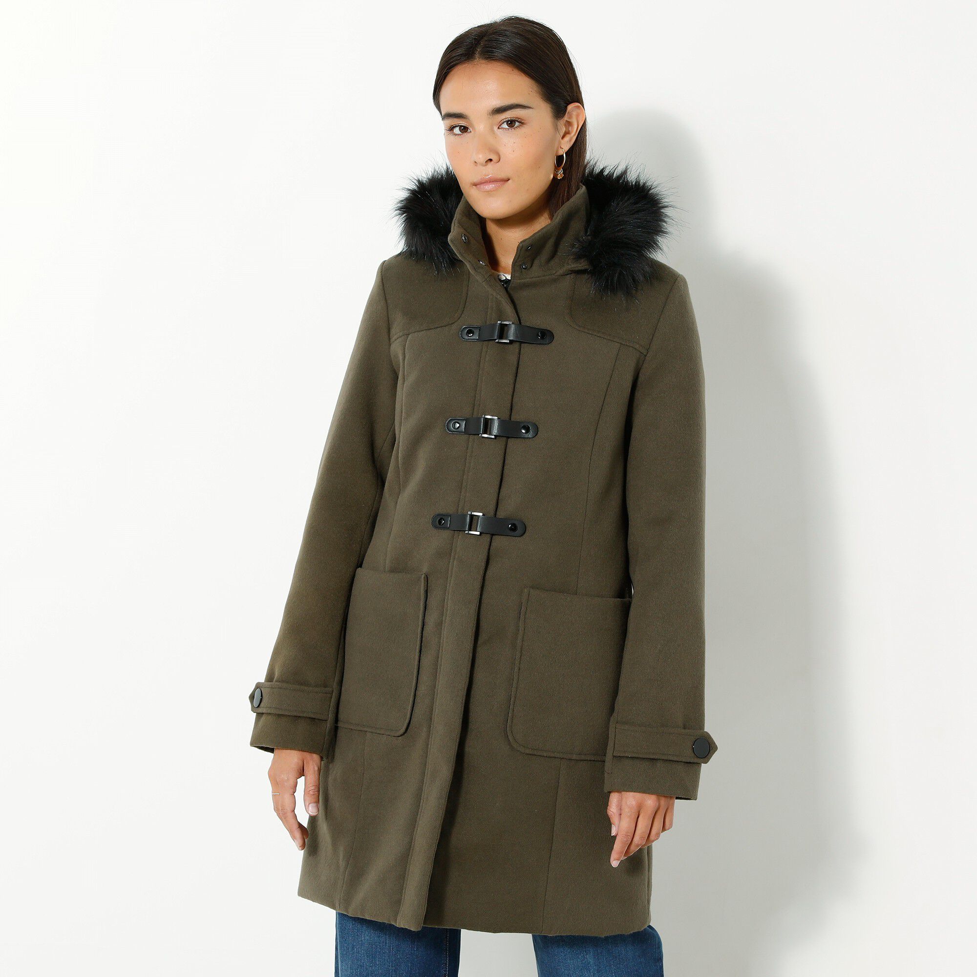 Duffle-coat capuche fausse fourrure uni