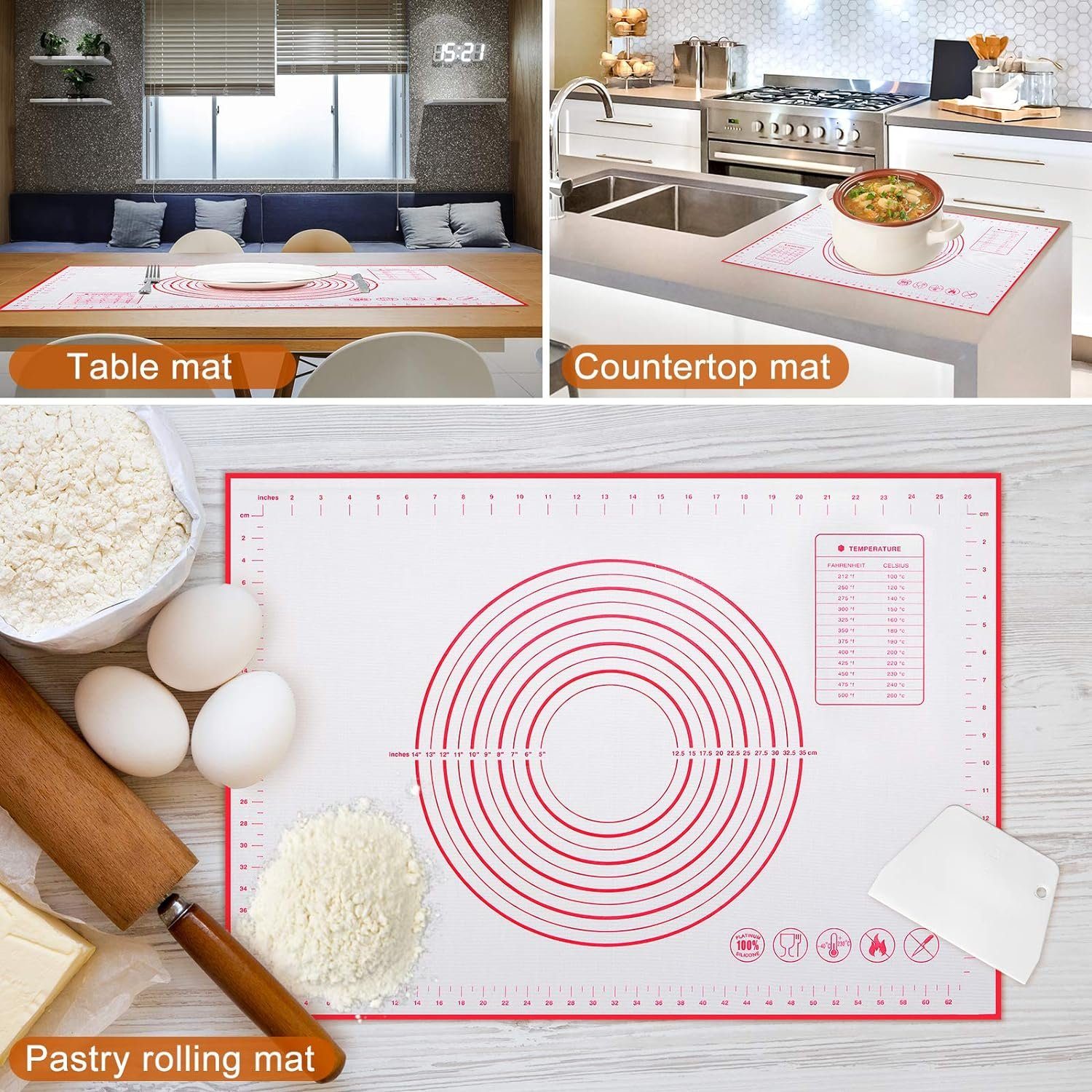 Blusmart Backmatte Silikon Backmatte mit Teigkarte, 40*30cm (Backunterlage, Teigmatte), Antihaft Backunterlage Silikon mit Messung