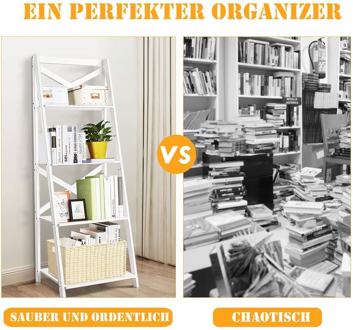COSTWAY Leiterregal Bücherregal, 1-tlg., 4 Ebenen, aus Holz, 50x45x145cm